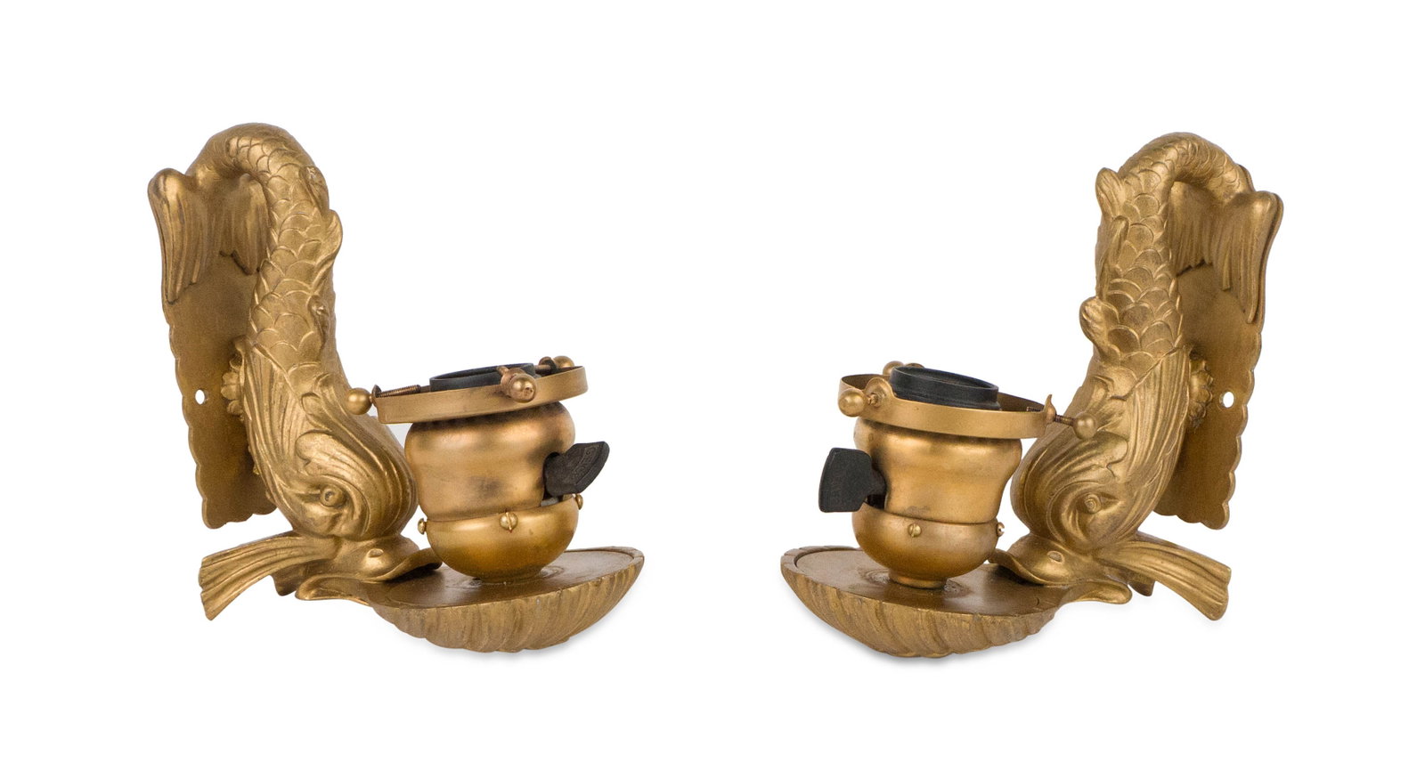 Pair of Gilt-Bronze Dolphin-Form Wall Sconces: Pair of Gilt-Bronze Dolphin-Form Wall Sconces 19th/20th C. Lacking shades. 6 x 3 1/2 x 5 1/2 in. (15.2 x 8.9 x 14 cm.)
