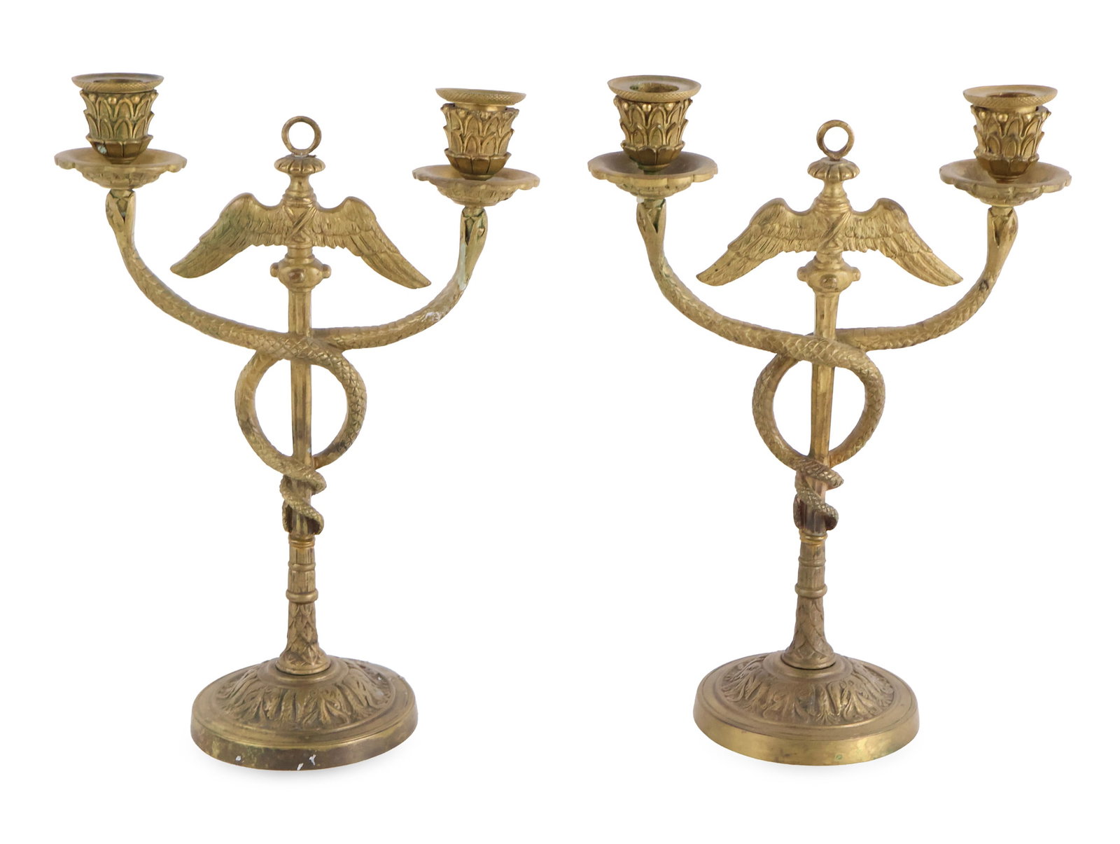Pair of Neoclassical Gilt-Metal Candelabra: Pair of Neoclassical Gilt-Metal Candelabra 19th C. with snake form arms. Wear, surface distress. Provenance: Property from a Private New York and German Collector 12 1/2 x 8 3/4 in. (31.8 x 22.2 cm.)