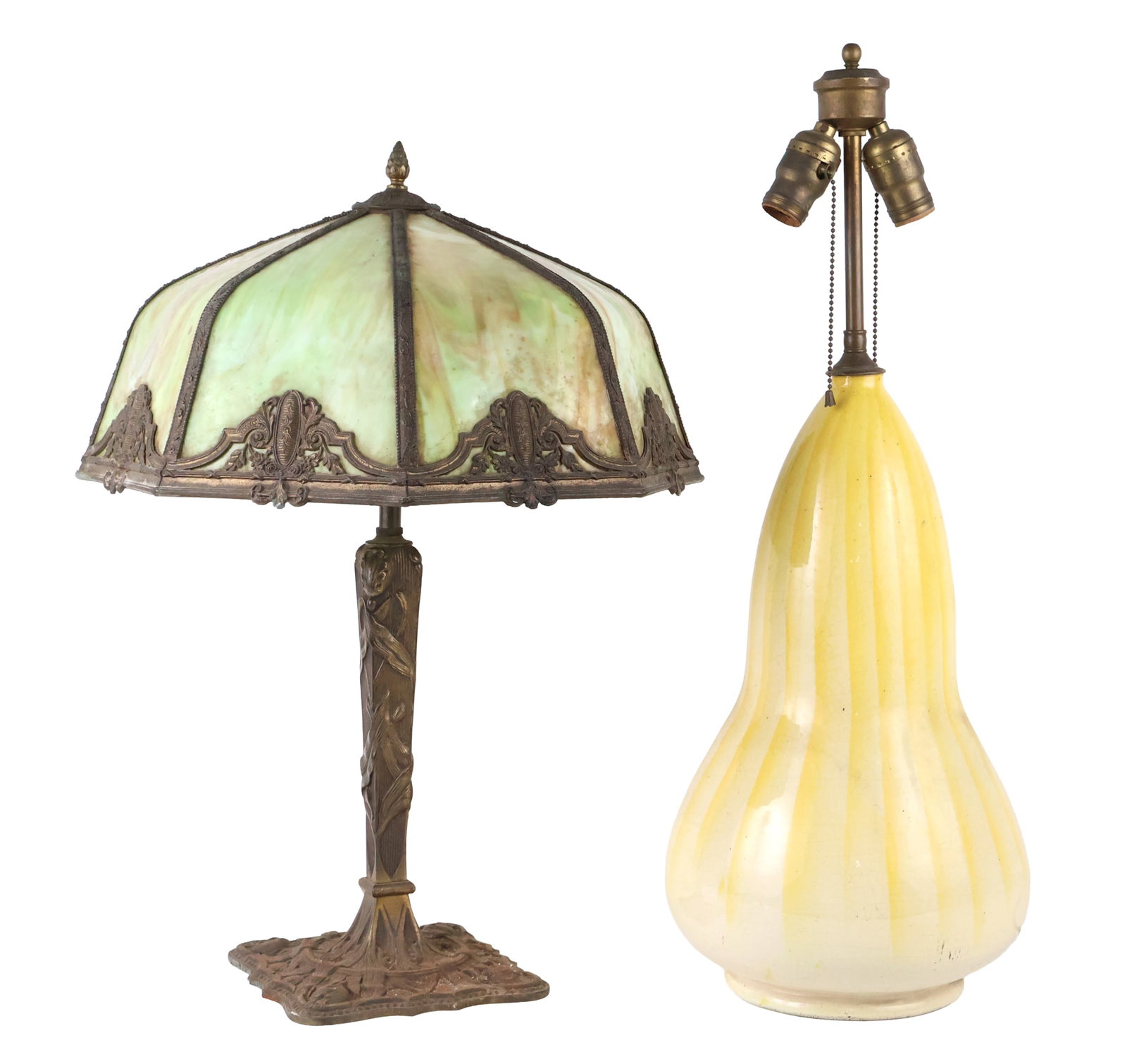 Arts and Crafts Style Yellow-and-White Glazed Ceramic Table Lamp: Arts and Crafts Style Yellow-and-White Glazed Ceramic Table Lamp 20th C. Together with a slag-glass and patinated metal table lamp Slag: 24 x 18 in. (61 x 45.7 cm.), Yellow: 27 x 10 in. (68.6 x 25.4