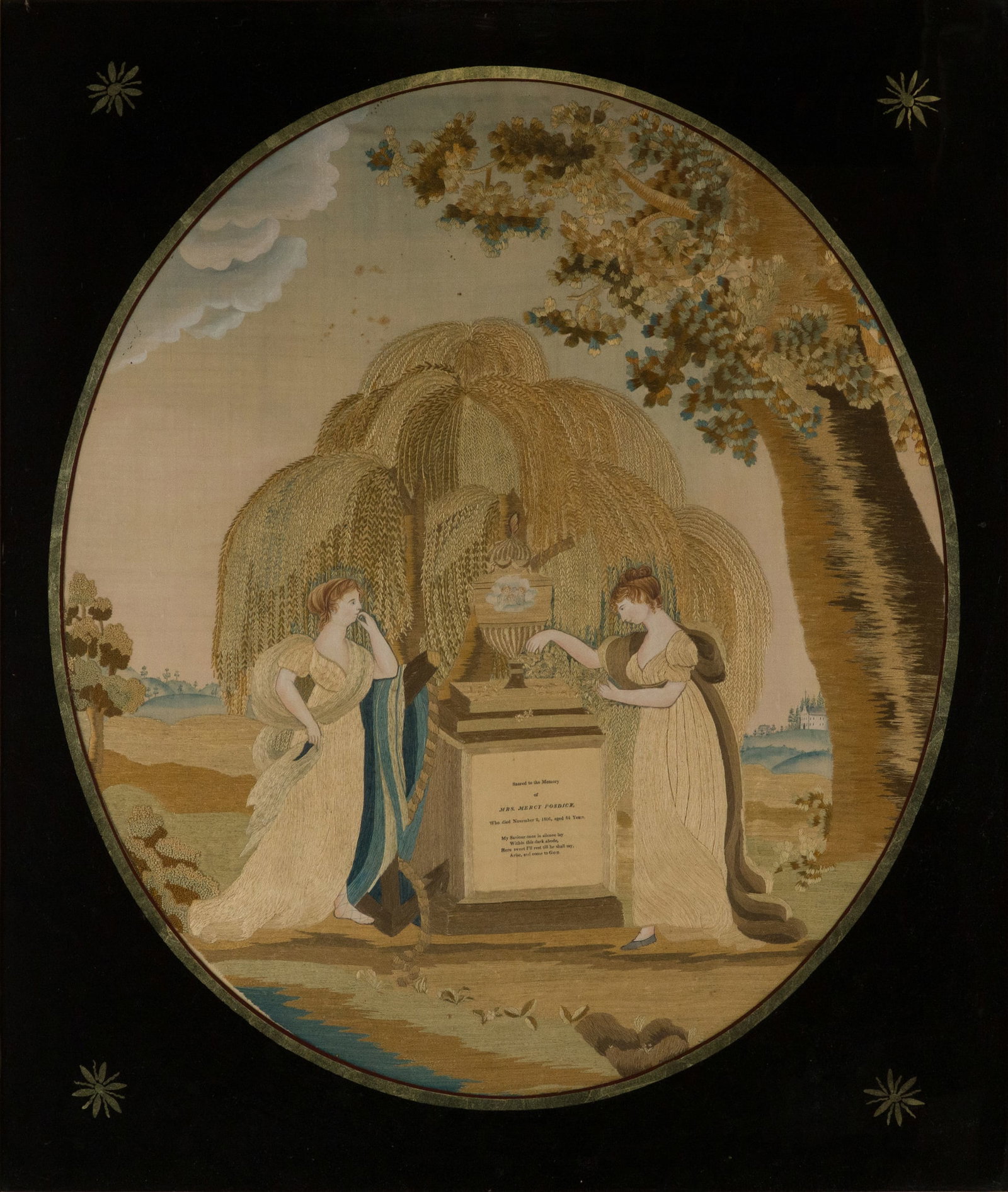 Silkwork and Watercolor Memorial for Mrs. Mercy Fosdick: Silkwork and Watercolor Memorial for Mrs. Mercy Fosdick "who died November 2, 1806, aged 64 years", in eglomise frame, American, Circa 1810. Possibly the wife of Mr. James Fosdick of Charlestown,