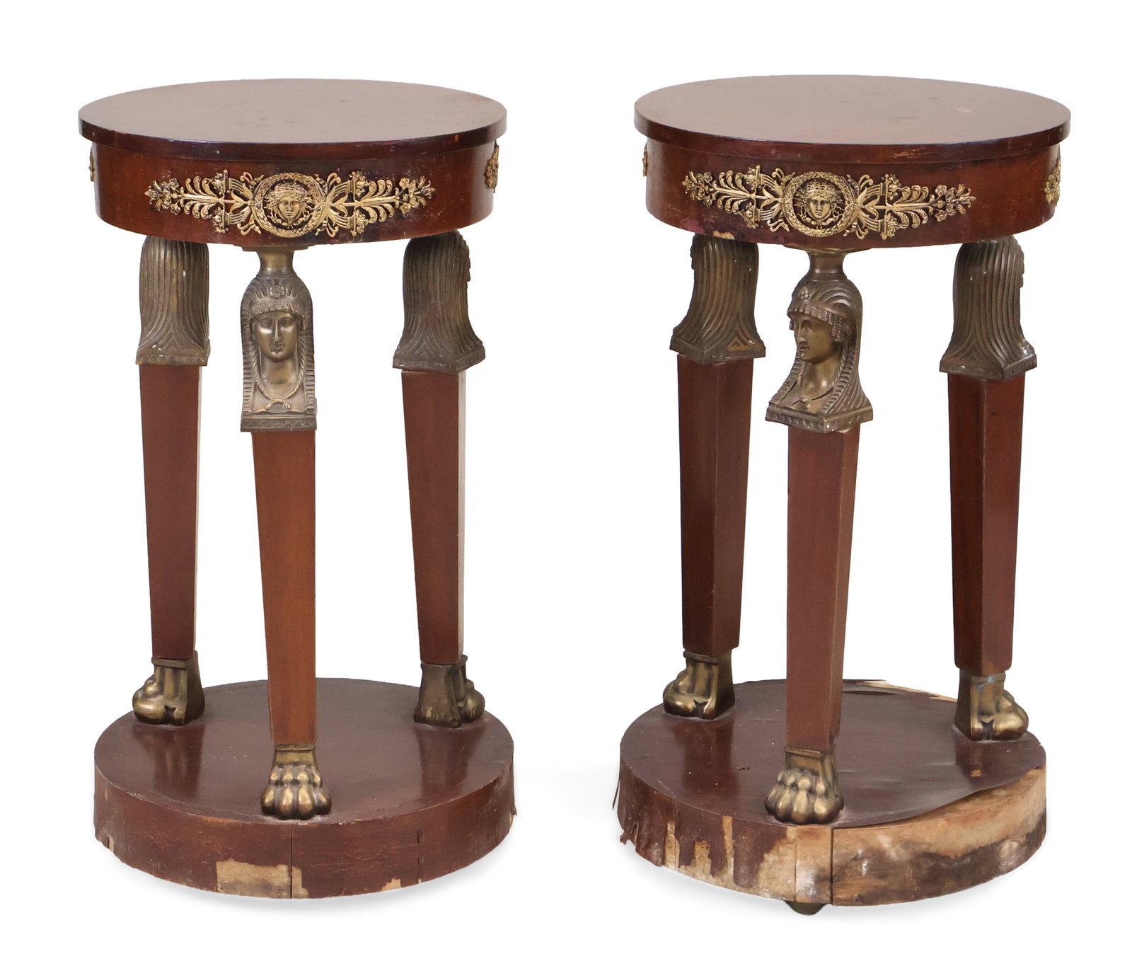 Pair of Neoclassical Style Gilt-Metal Mounted Stands: Pair of Neoclassical Style Gilt-Metal Mounted Stands With Egyptian figural mounts. Losses, wear, surface distress, water damage to base. 28 x 15 in. (71.1 x 38.1 cm.)