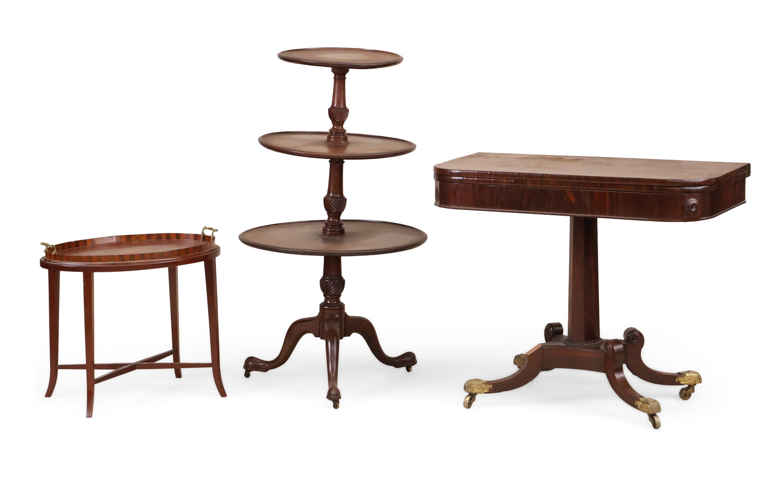 George III Style Mahogany Three Tiered Dumbwaiter: George III Style Mahogany Three Tiered Dumbwaiter English, 19th/20th C. Together with an inlaid double handled butler's tray on stand and a mahogany games table. Losses, restorations, surface