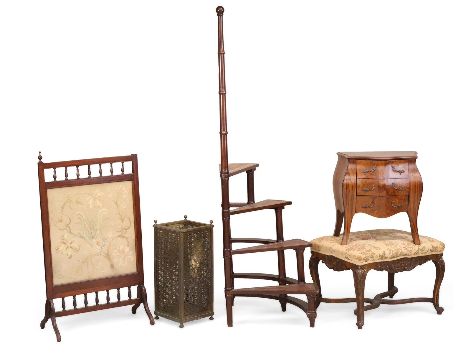 Louis XV Style Burlwood Bombe Chest Salesman Sample: Louis XV Style Burlwood Bombe Chest Salesman Sample Together with a Victorian mahogany and needlework firescreen, a brass umbrella stand, a Louis XV style footstool, and a Regency style set of a