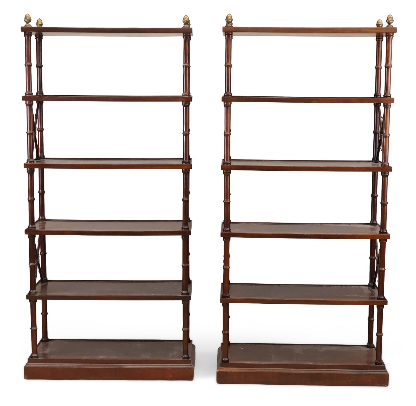 Pair of Regency Style Mahogany Etageres: Pair of Regency Style Mahogany Etageres 20th C. with faux-bamboo supports. 73 x 34 1/2 x 15 1/4 in. (185.4 x 87.6 x 38.7 cm.)