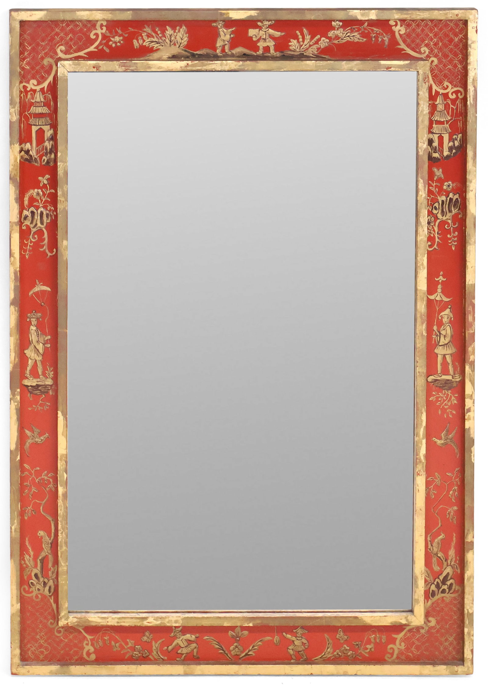 George III Style Chinoiserie and Scarlet Decorated Mirror: George III Style Chinoiserie and Scarlet Decorated Mirror English taste, 20th C. 34 x 24 in. (86.4 x 61 cm.)