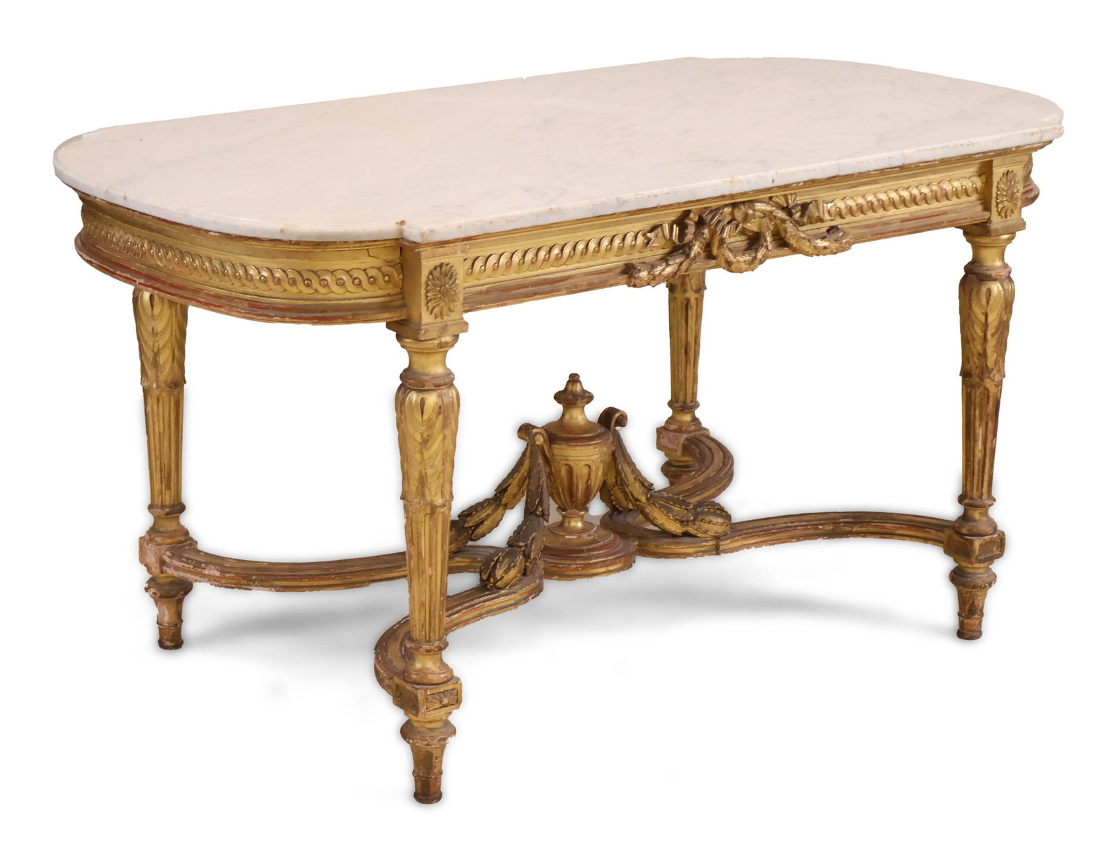 Louis XVI Marble Top Giltwood Center Table: Louis XVI Marble Top Giltwood Center Table French, 18th/19th C. Losses to gilt, surface distress and wear. Provenance: Property from a Private New York and German Collector 29 1/4 x 55 x 30 3/4 in. (7