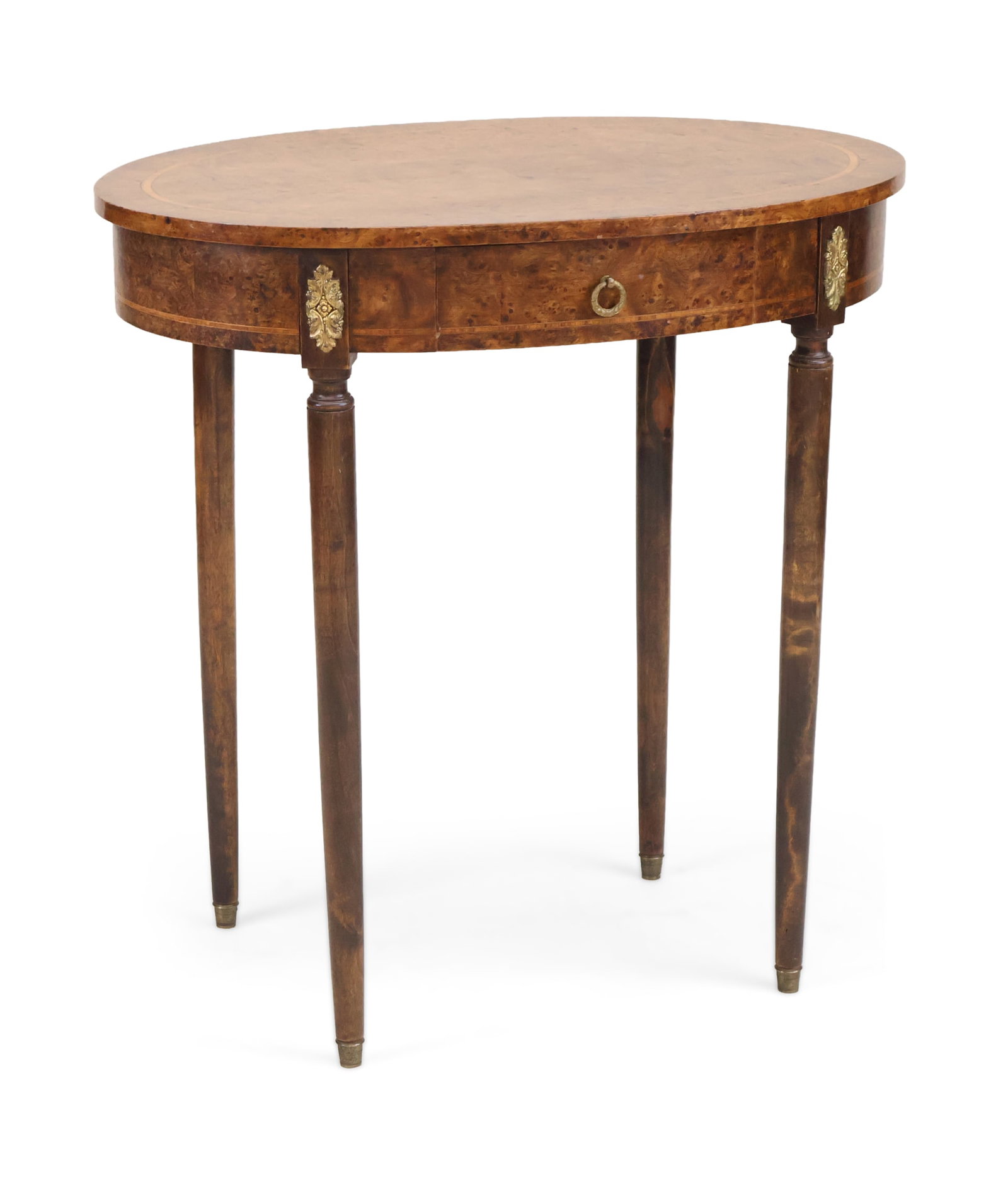 Edwardian Gilt Metal Mounted Burr Elm and Beachwood Side Table: Edwardian Gilt Metal Mounted Burr Elm and Beachwood Side Table Early 20th C. with tulipwood crossbanded top. 28 3/4 x 28 x 19 1/2 in. (73 x 71.1 x 49.5 cm.)