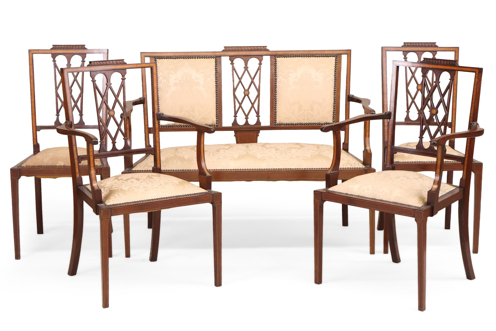 Edwardian Satinwood Inlaid Mahogany and Marquetry Salon Suite: Edwardian Satinwood Inlaid Mahogany and Marquetry Salon Suite Early 20th C. comprising, a settee, a pair of armchairs and a pair of side chairs. 35 1/2 x 46 1/4 x 19 1/2 in. (90.2 x 117.5 x 49.5 cm.)