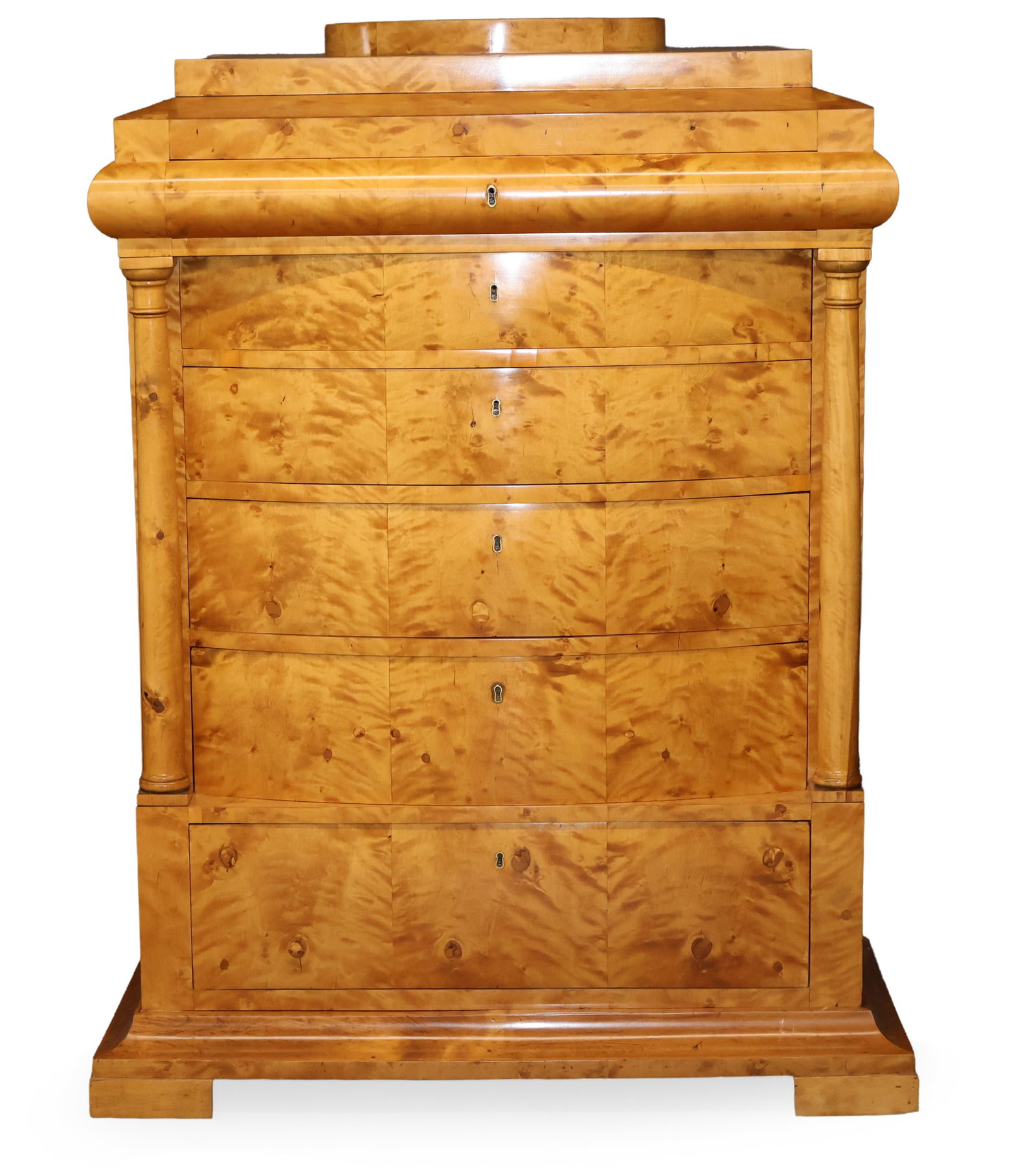 Biedermeier Figured Birch Commode: Biedermeier Figured Birch Commode Second quarter 19th C. With later block feet, some sun fading, small areas of darker overpainted restoration due to sun fading visible. 58 x 41 3/4 x 23 in. (147.3 x