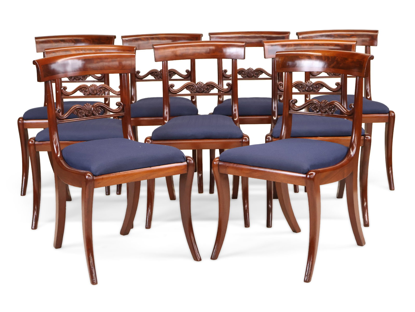 Nine Regency Style Inlaid Mahogany Dining Chairs: Nine Regency Style Inlaid Mahogany Dining Chairs 20th C. 31 1/2 x 18 1/2 x 18 1/2 in. (80 x 47 x 47 cm.)