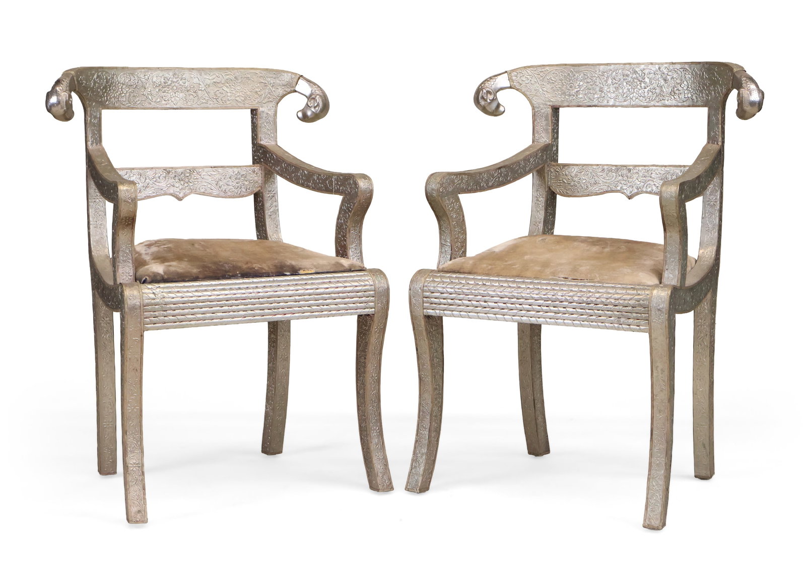 Pair of Regency Style Anglo-Indian Silvered-Metal Ram's Head Armchairs: Pair of Regency Style Anglo-Indian Silvered-Metal Ram's Head Armchairs Probably Indian, 19th/20th C. 35 1/2 in. (90.2 cm.), Seat: 19 in. (48.3 cm.)