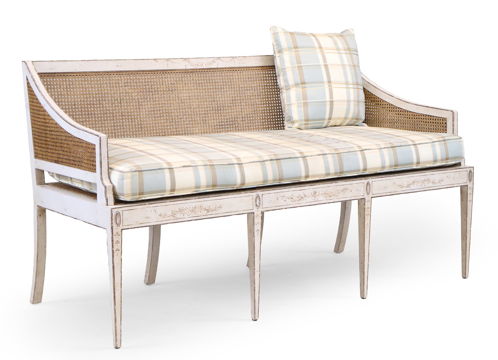 Neoclassical Style White-Painted Cane Seat Canape: Neoclassical Style White-Painted Cane Seat Canape European taste, 20th C. 36 x 65 x 30 in. (91.4 x 165.1 x 76.2 cm.), Seat: 18 1/2 in. (47 cm.)