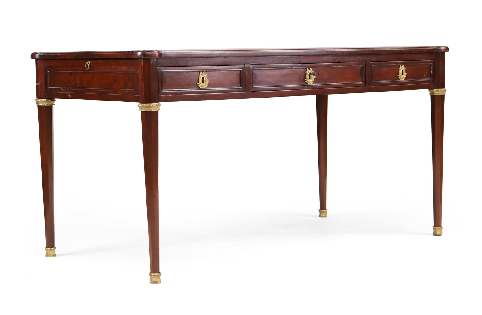 Louis XVI Mahogany Bureau Plat: Louis XVI Mahogany Bureau Plat French, late 18th C. with Sotheby's receipt on one leg. 29 1/2 x 57 x 29 1/2 in. (74.9 x 144.8 x 74.9 cm.)
