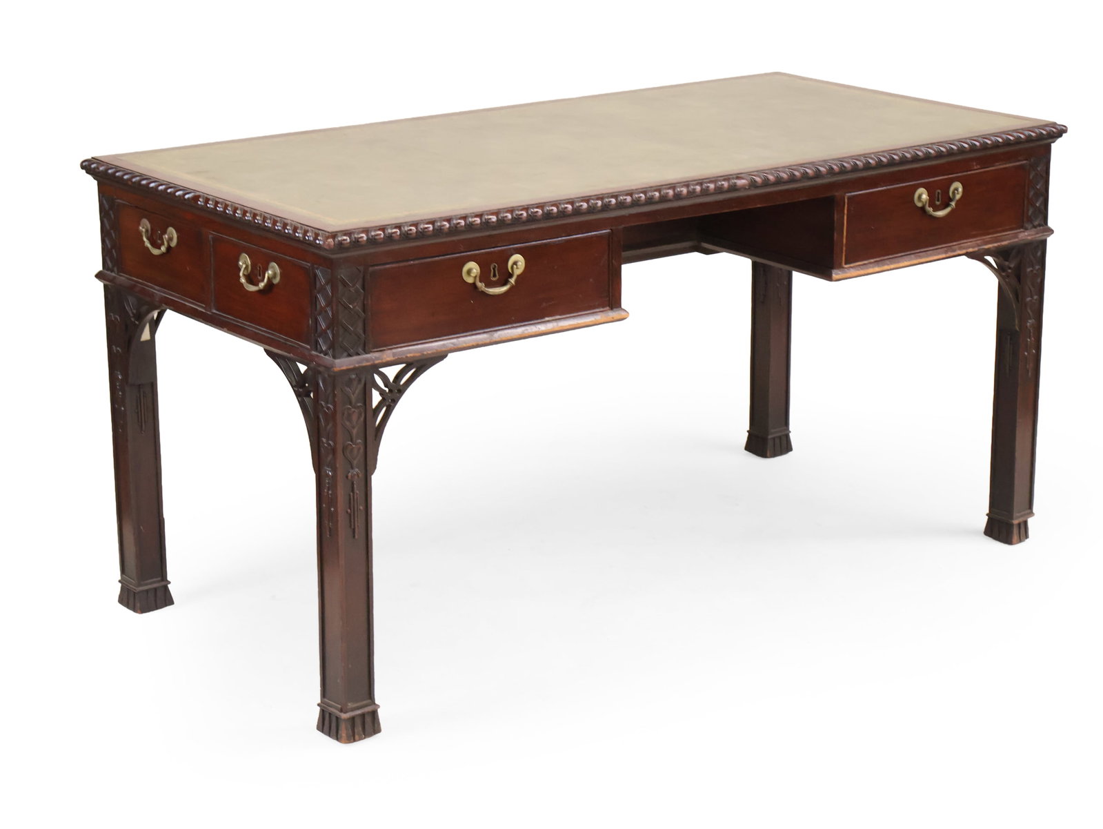 George III Carved Mahogany Partner's Desk: George III Carved Mahogany Partner's Desk English, late 18th C. with tooled leather top, false and operable drawers on all sides, bears Sotheby's stickers. 30 1/2 x 60 x 29 1/2 in. (77.5 x 152.4 x