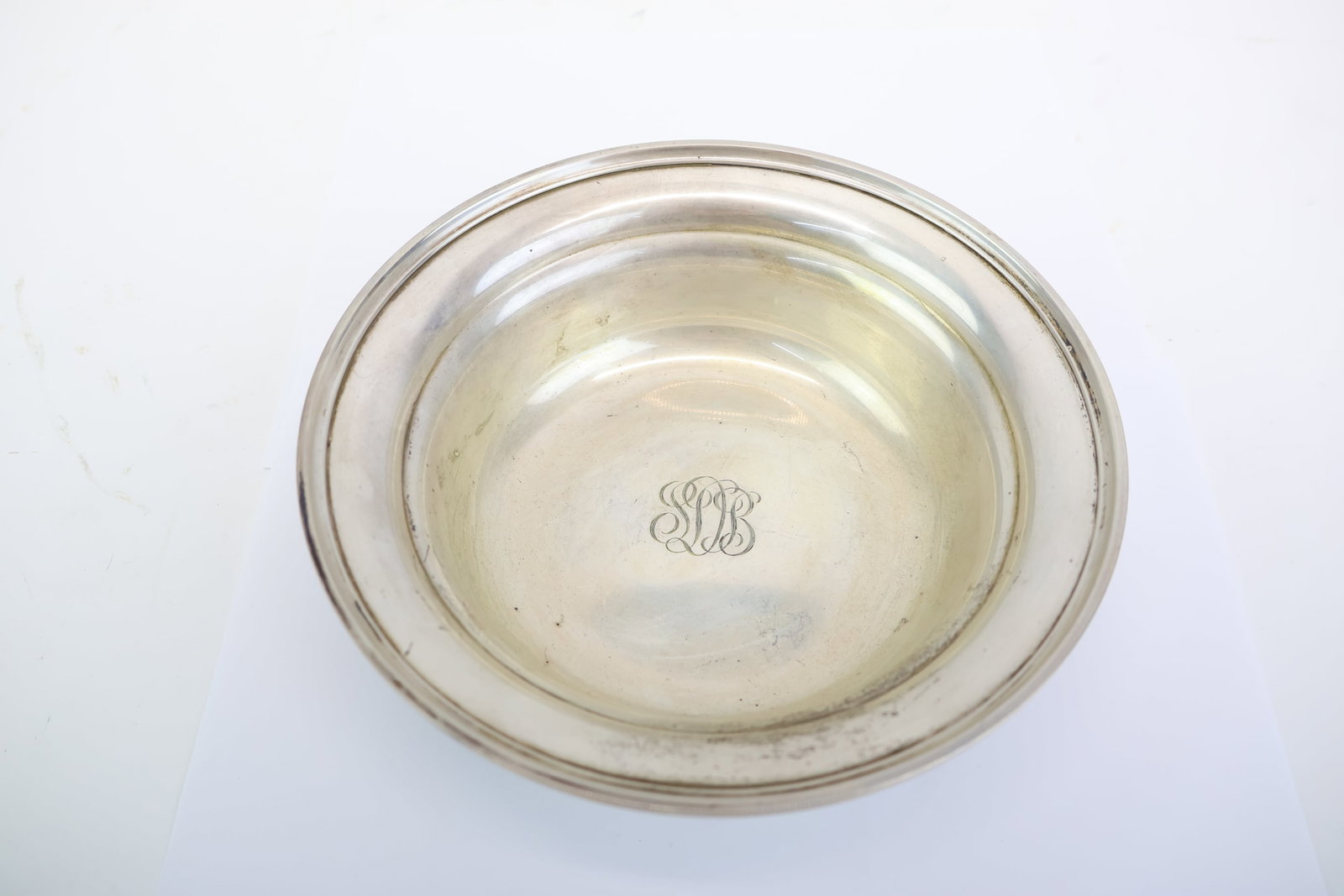 S. Kirk & Sons Sterling Silver Monogrammed Serving Bowl: S. Kirk & Sons Sterling Silver Monogrammed Serving Bowl S. Kirk & Sons Sterling Silver Monogrammed Serving Bowl, approximately 9 t.o. Used condition 2 1/8" tall x 8" diameter