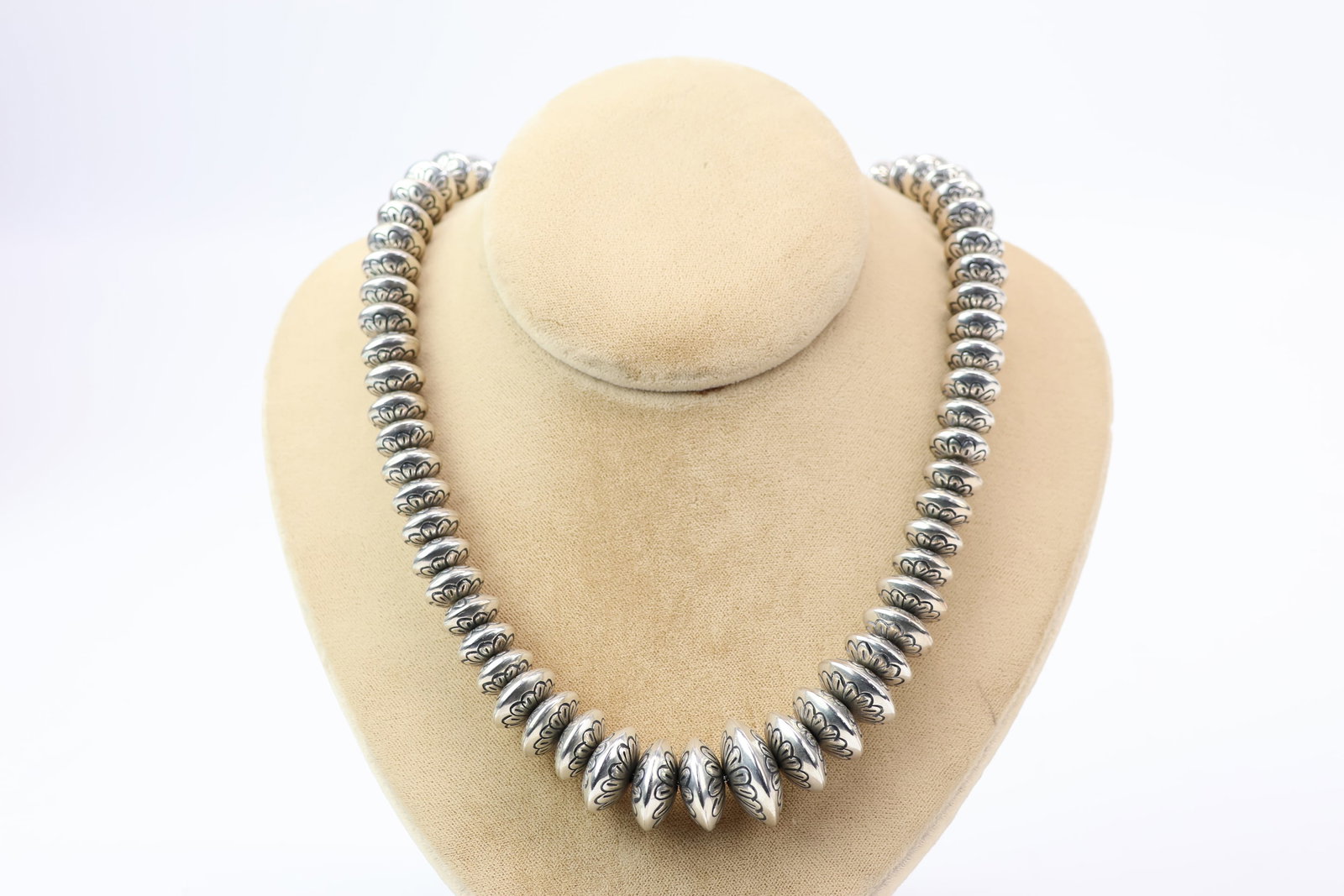Vintage Navajo Graduated Silver Pearl Beaded Necklace: Vintage Navajo Graduated Silver Pearl Beaded Necklace Vintage Navajo Graduated Silver Pearl Bead Necklace. Used condition 17" long, entire weight approximately 3.5 t.o.
