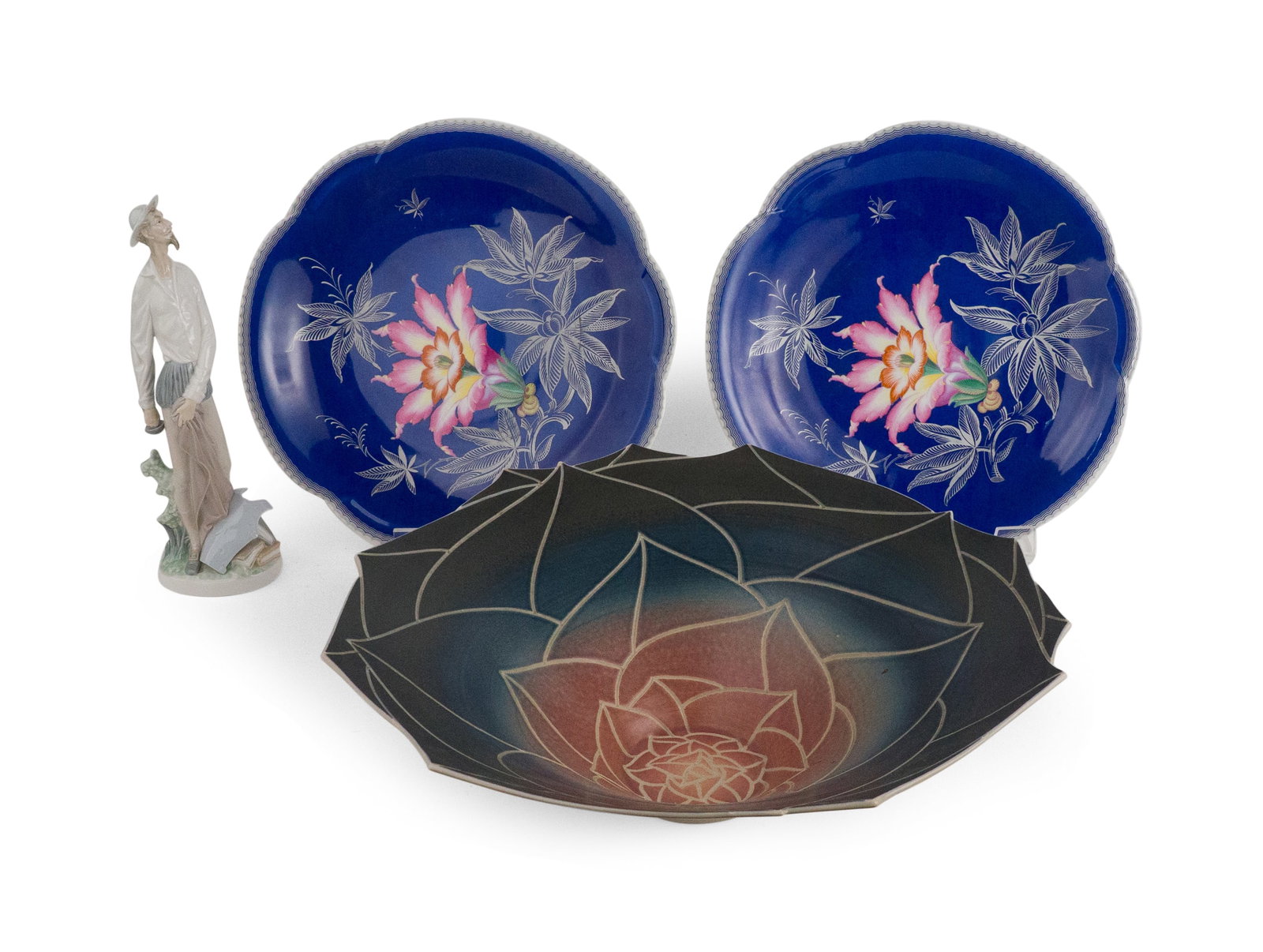 Pair of Heinrich & Co. Selb Bavaria Floral Decorated Plates: Pair of Heinrich & Co. Selb Bavaria Floral Decorated Plates With lucite stands. Together with a Wayne L. Bates art pottery bowl and a Lladro figure of Don Quixote Standing Up. 4 pieces Plates: 1 1/2