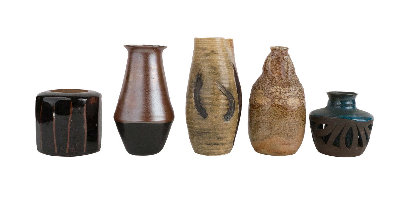 Five Art Pottery Vases: Five Art Pottery Vases One signed "Ray Greenly", one lacking lid. Largest: 9 x 4 3/4 x 4 1/4 in. (22.9 x 12.1 x 10.8 cm.)