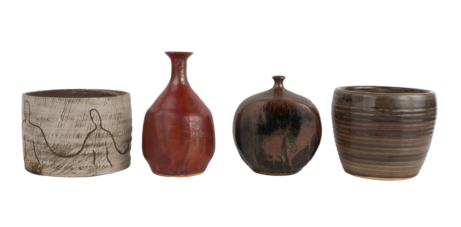 Four Art Pottery Table Articles: Four Art Pottery Table Articles One signed "AR", one with a hole to base. Largest: 5 1/2 x 7 1/2 in. (14 x 19.1 cm.)