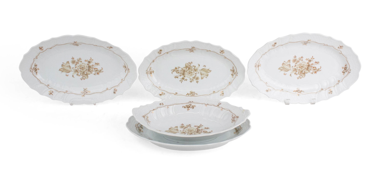 Five Hutschenreuther Dresden Meersburg Serving Platters: Five Hutschenreuther Dresden Meersburg Serving Platters Oblong shaped, three sizes. Chips. From: 2 3/4 x 13 x 8 1/4 in. (7 x 33 x 21 cm.), to 2 x 15 1/4 x 9 3/4 in. (5.1 x 38.7 x 24.8 cm.)