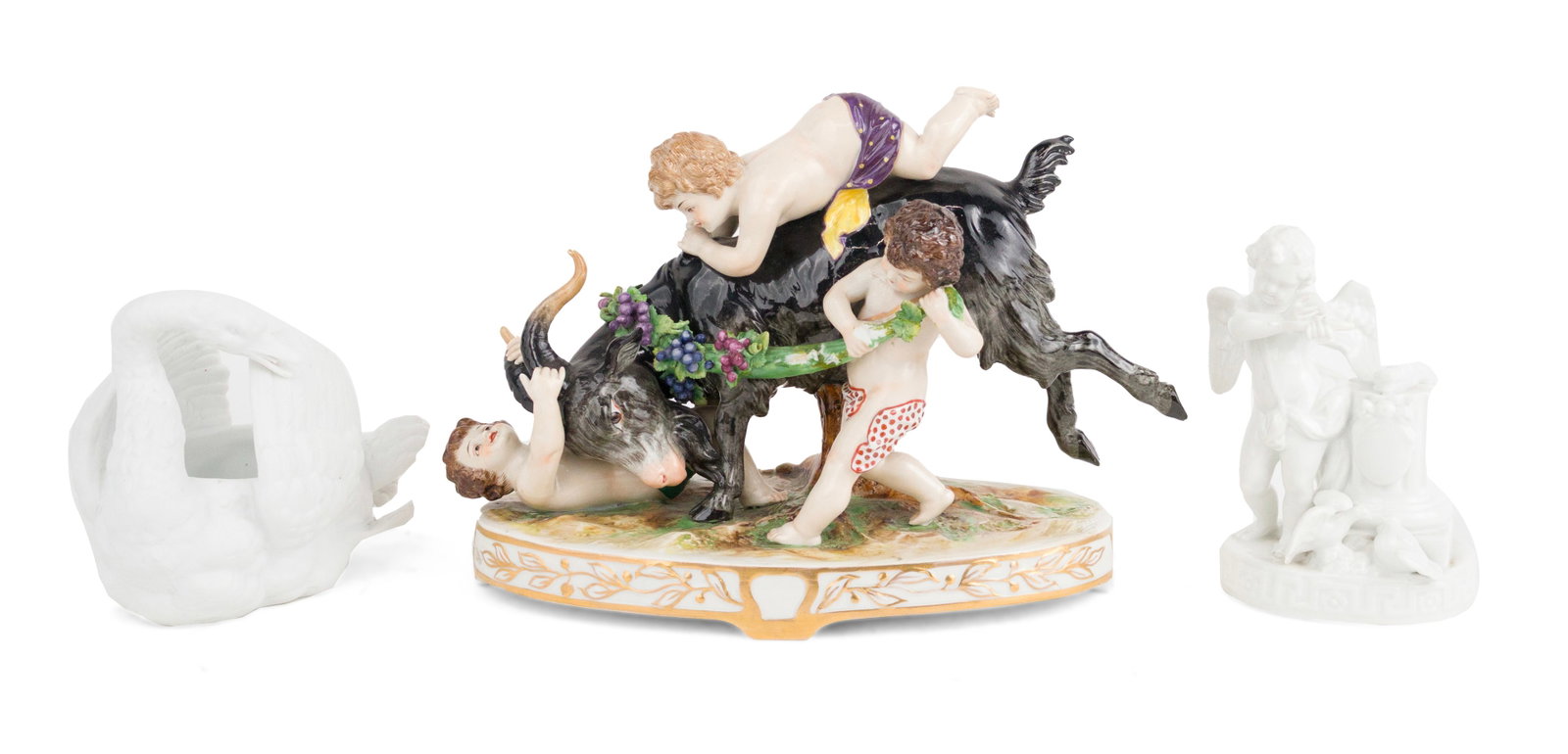 German Porcelain Figural Group of Putti with Goat: German Porcelain Figural Group of Putti with Goat Marked underside with Crown above an L, possibly Ludwigsburg. Together with a Richard Ginori blanc de chine putti and a Continental bisque porcelain