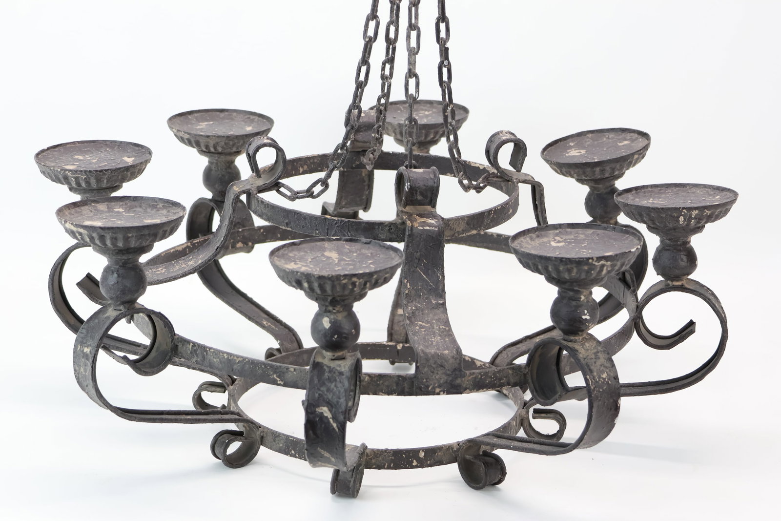 Wrought Iron Style Eight Light Hanging Candle Chandelier: Wrought Iron Style Eight Light Hanging Candle Chandelier Wrought Iron Style Eight Light Hanging Candle Chandelier. Used condition, 30" tall when hanging x 24 3/8" diameter