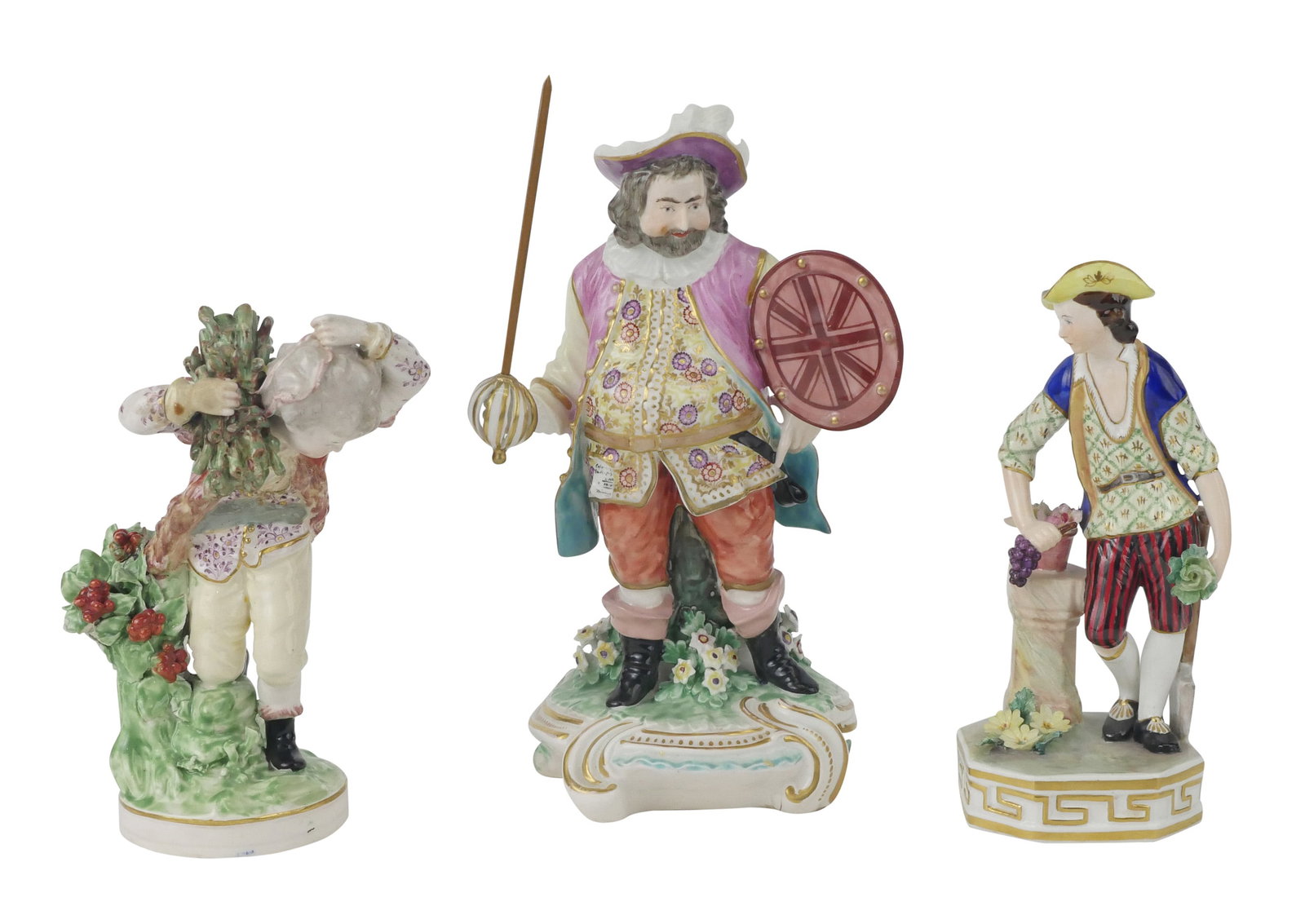 Derby Porcelain Figure of the Actor James Quinn: Derby Porcelain Figure of the Actor James Quinn Portraying Sir John Falstaff. Together with a Derby figure of a boy holding sticks and a Derby figure a young man with grapes. 3 pieces Firing crack to