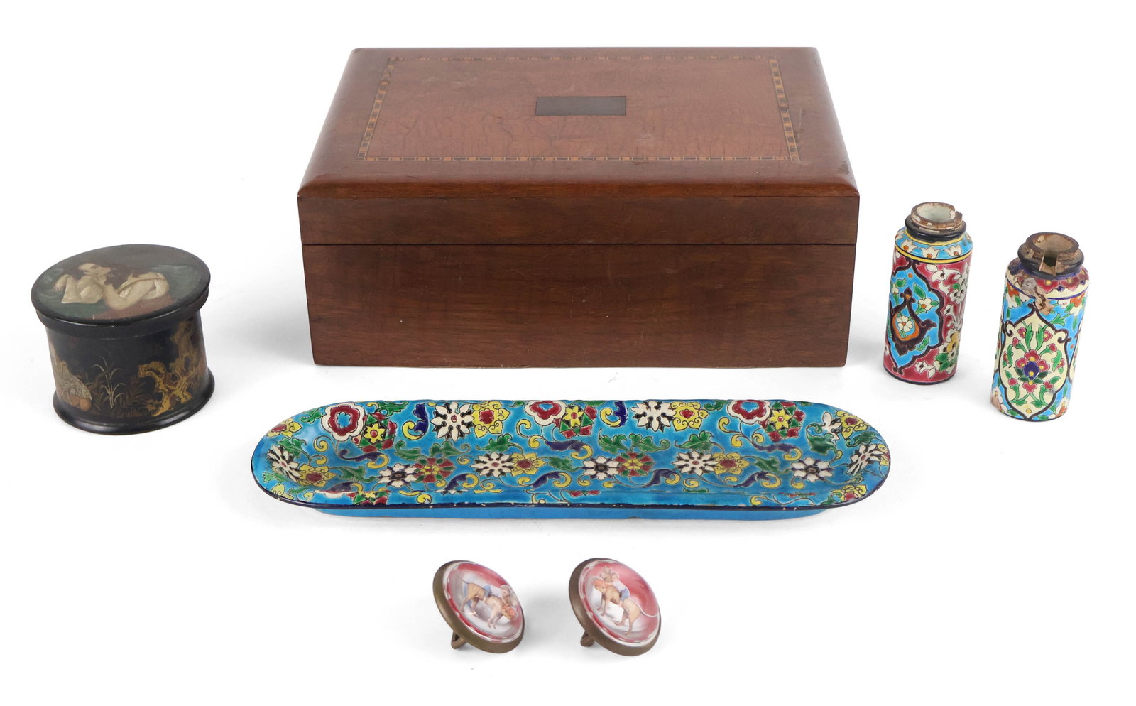 Two Bridle Rosettes: Two Bridle Rosettes Decorated with a boy on a Great Dane. Together with a lacquer box, two Jules Vieillard Bordeaux enamel shakers (lacking tops), a wooden humidor, and a Longwy enamel decorated tray.