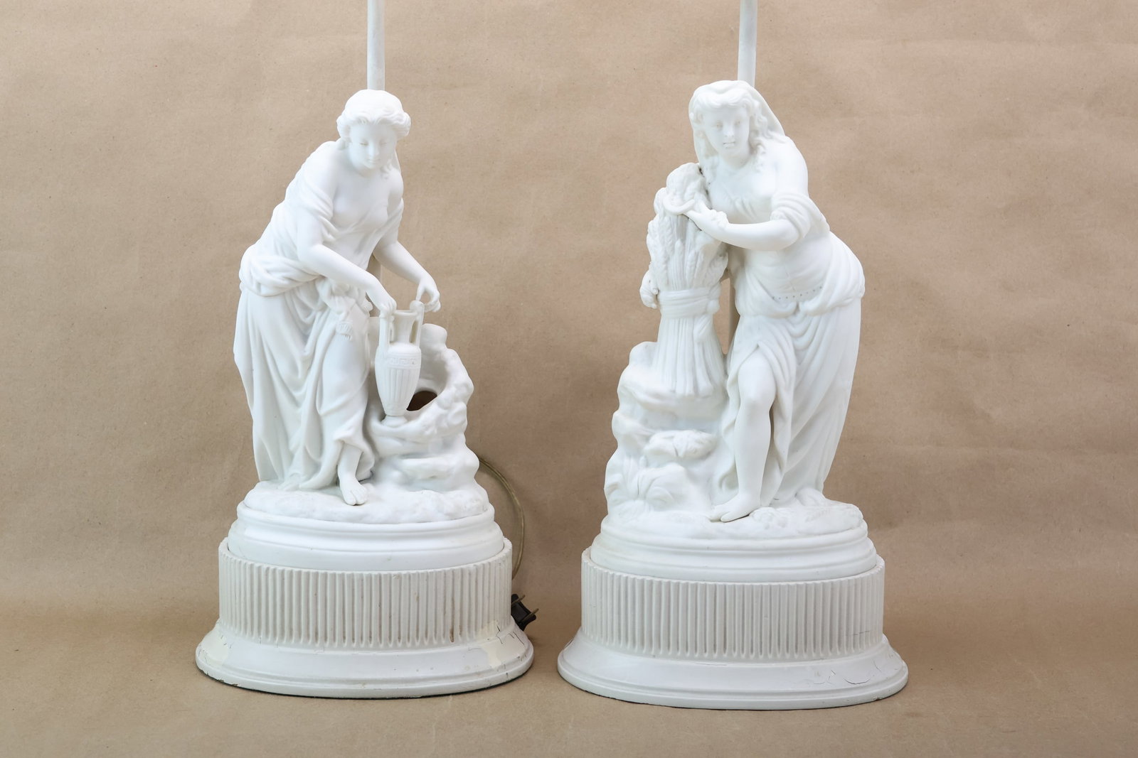 Two Neo Classical Style Parianware Table Lamps: Two Neo Classical Style Parianware Table Lamps Two Neo Classical Style Parianware Table Lamps. One depicting woman with buddled wheat and the other of woman getting water from a well. Used unknown wor