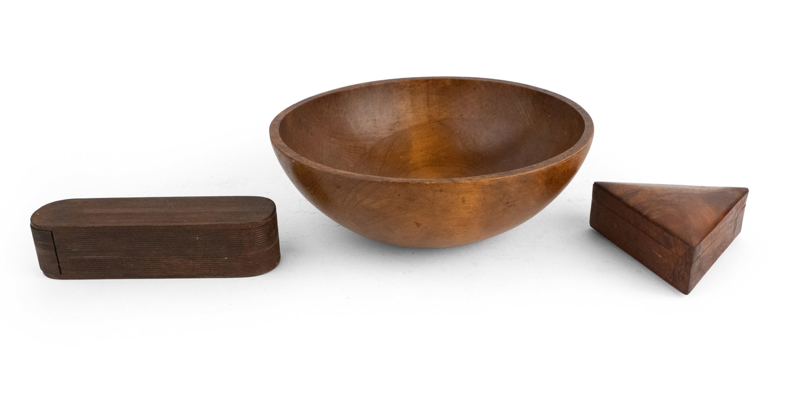 Triangular Burlwood Jewelry Box: Triangular Burlwood Jewelry Box Together a wood bowl and a carved wood slide box. 3 pieces Largest: 5 3/4 x 15 1/2 in. (14.6 x 39.4 cm.)