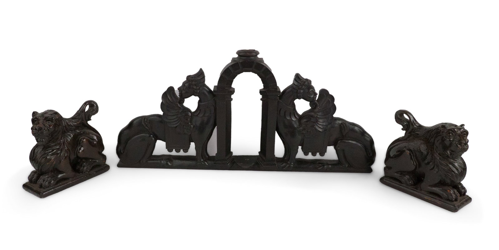 Pair of Carved and Painted Wood Lions: Pair of Carved and Painted Wood Lions Together with a carved wood architectural fragment with two Griffins. 3 pieces Losses, wear. 7 1/2 x 7 3/4 x 3 in. (19.1 x 19.7 x 7.6 cm.), and 12 1/4 x 26 x 2