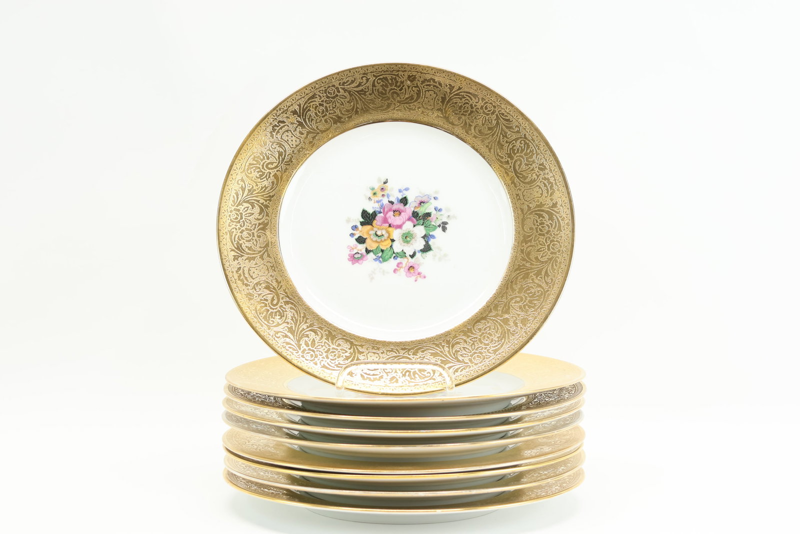 Nine Hutschenreuther Floral Decorated and Gilt Rimmed Plates (1 of 8)