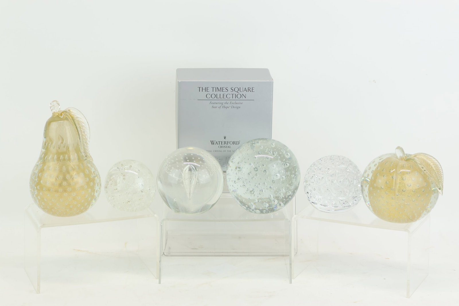 Waterford Times Square Ball of Hope Paperweight: Waterford Times Square Ball of Hope Paperweight Waterford Times Square Ball of Hope Paperweight. Together with five other paperweights, one signed Wallace James. Used condition, wear, worn.