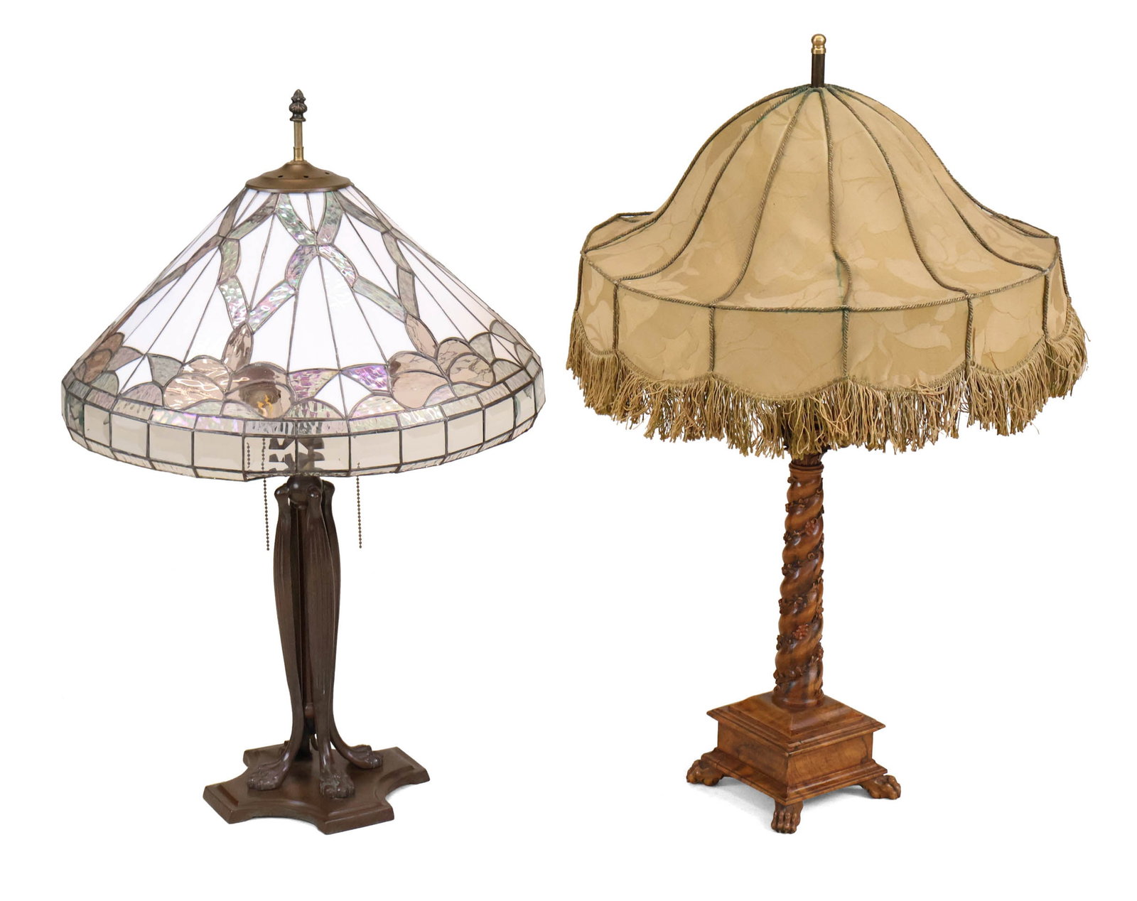 Art Nouveau Style Patinated Metal Table Lamp: Art Nouveau Style Patinated Metal Table Lamp With associated shade. Together with carved wood table lamp, decorated with grape vine motif. 2 pieces Losses, wear. Provenance: Property from a Private