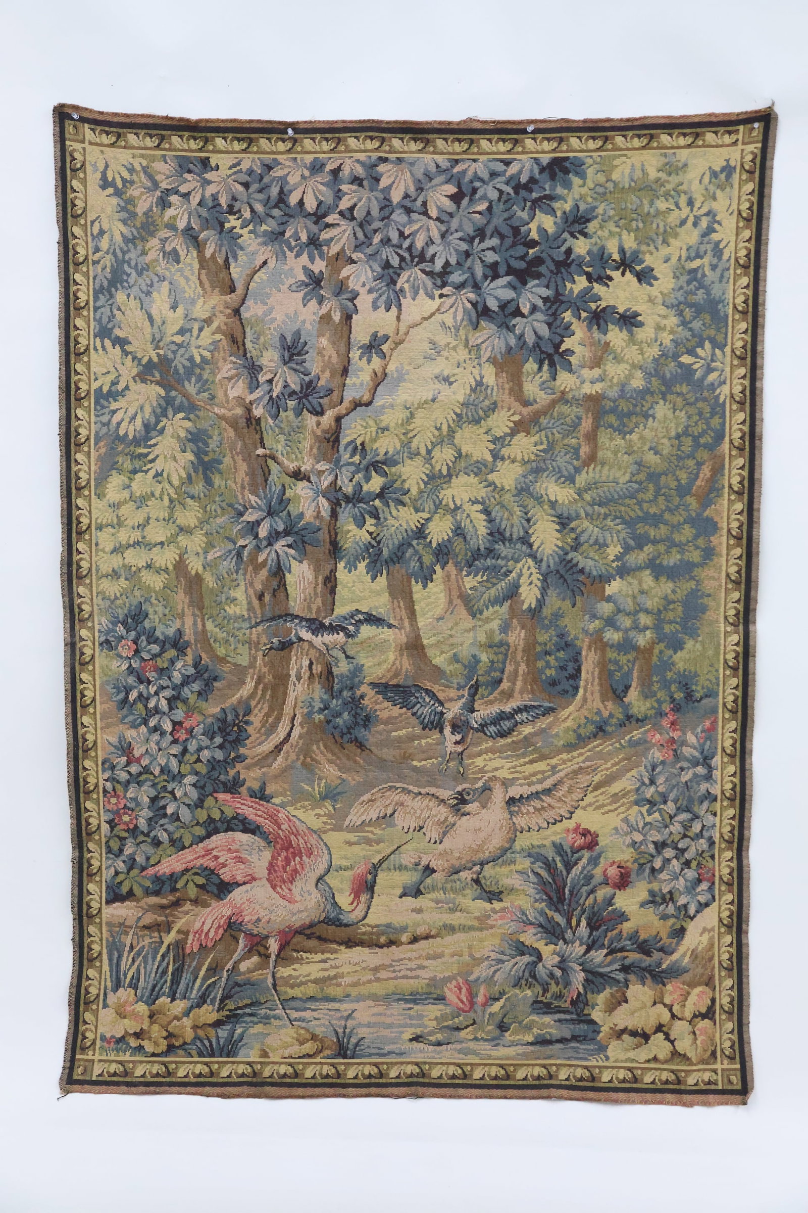 Vintage Aubusson Style Verdure Tapestry: Vintage Aubusson Style Verdure Tapestry Vintage Aubusson Style Verdure Tapestry featuring heron, swan, and ducks at streamside, in a wooded landscape. Used condition, wear, worn. 69" x 49 1/4"