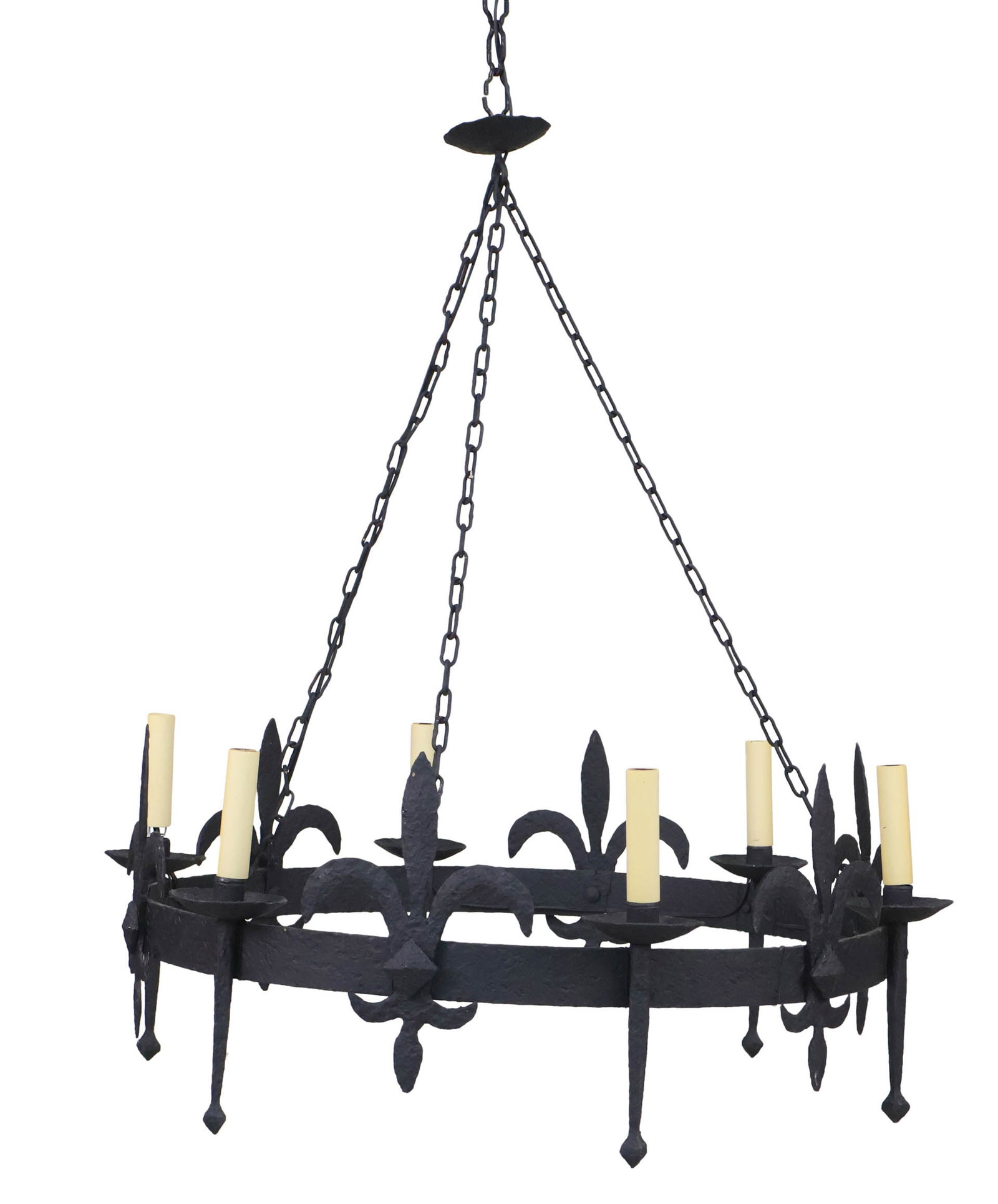 Cast-Iron Fleur-di-Lis Decorated Chandelier: Cast-Iron Fleur-di-Lis Decorated Chandelier 20th C. with 6 lights. 30 x 30 in. (76.2 x 76.2 cm.)