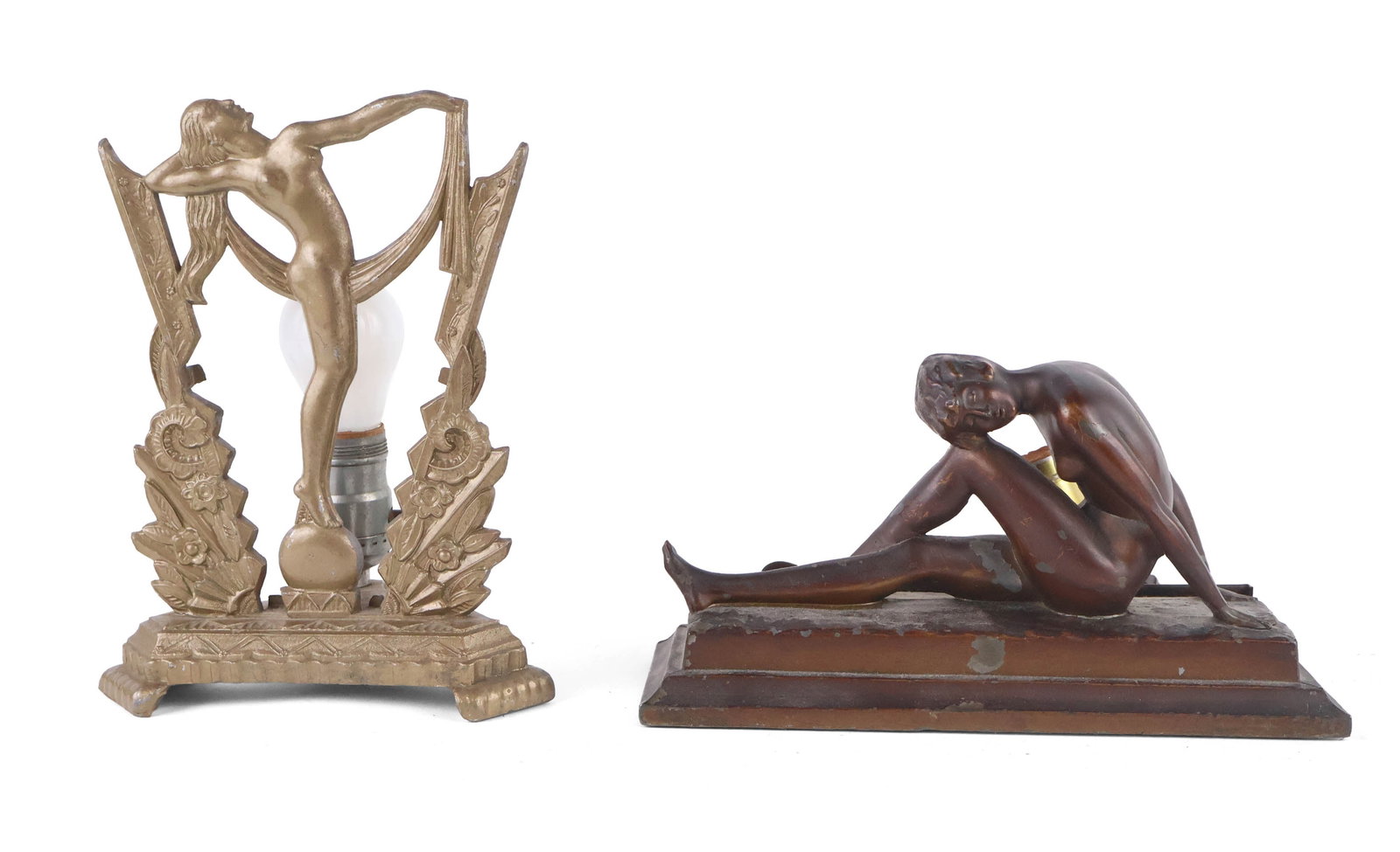 Two Frankart Style Art Deco Figural Silhouette Table Lamps: Two Frankart Style Art Deco Figural Silhouette Table Lamps One marked "B.N.Co". Both missing shades, losses to paint. 5 1/4 x 9 3/4 x 3 3/4 in. (13.3 x 24.8 x 9.5 cm.), and 8 3/4 x 6 3/4 x 4 in.