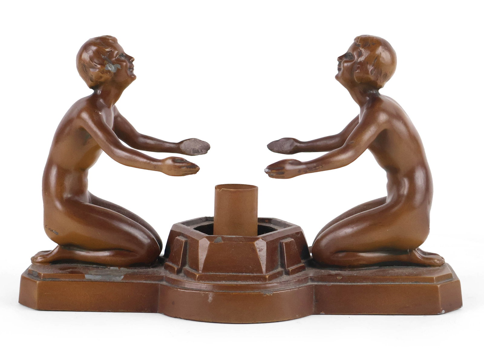 Frankart Style Art Deco Figural Table Lamp: Frankart Style Art Deco Figural Table Lamp Lacking shade, surface distress. 7 1/4 x 11 3/4 x 5 1/4 in. (18.4 x 29.8 x 13.3 cm.)