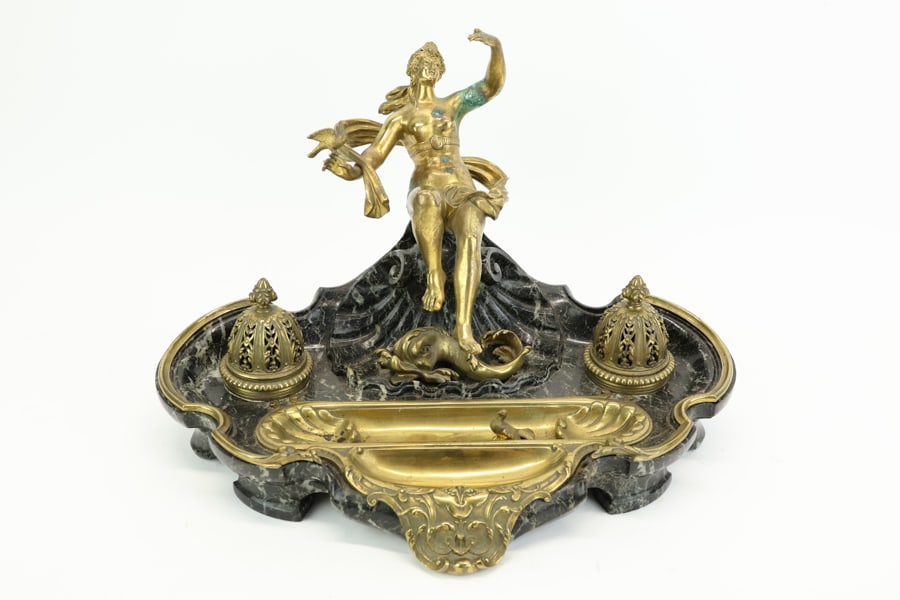 Large Marble & Gilt Patinated Bronze Double Ink Stand: Large Marble & Gilt Patinated Bronze Double Ink Stand Large Marble & Gilt Patinated Bronze Double Ink Stand with ormolu decoration, having a woman (likely Aphrodite) seated on a shell form with a bird