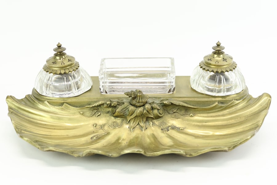 Large Art Nouveau Brass Inkstand With Glass Inserts (1 of 15)
