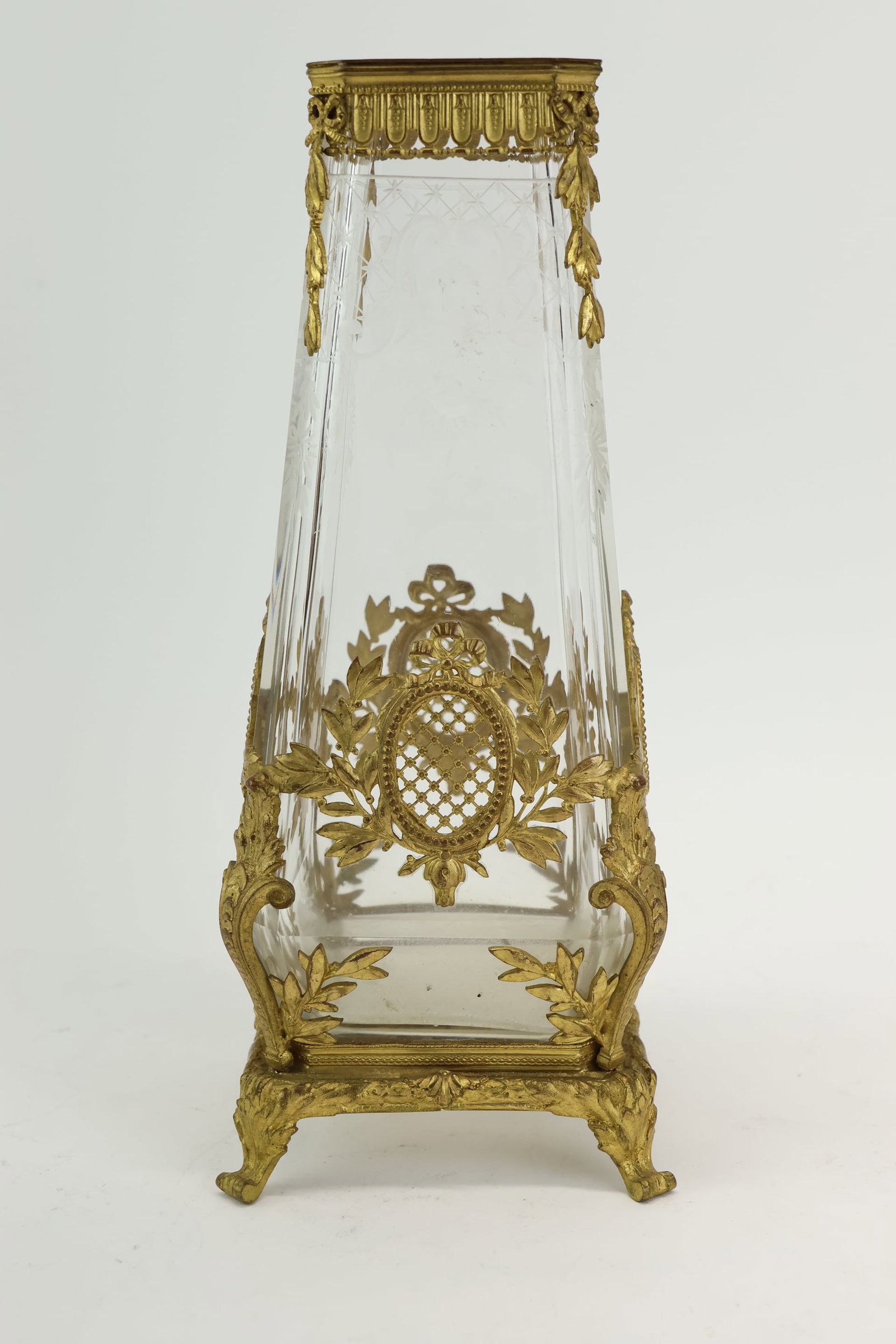 Louis XVI Style Ormolu Mounted Vase: Louis XVI Style Ormolu Mounted Vase Louis XVI Style Ormolu Mounted Vase Having etched glass with floral and foliate design. Used condition, measures 9" x 3 3/4" x 3 3/8"