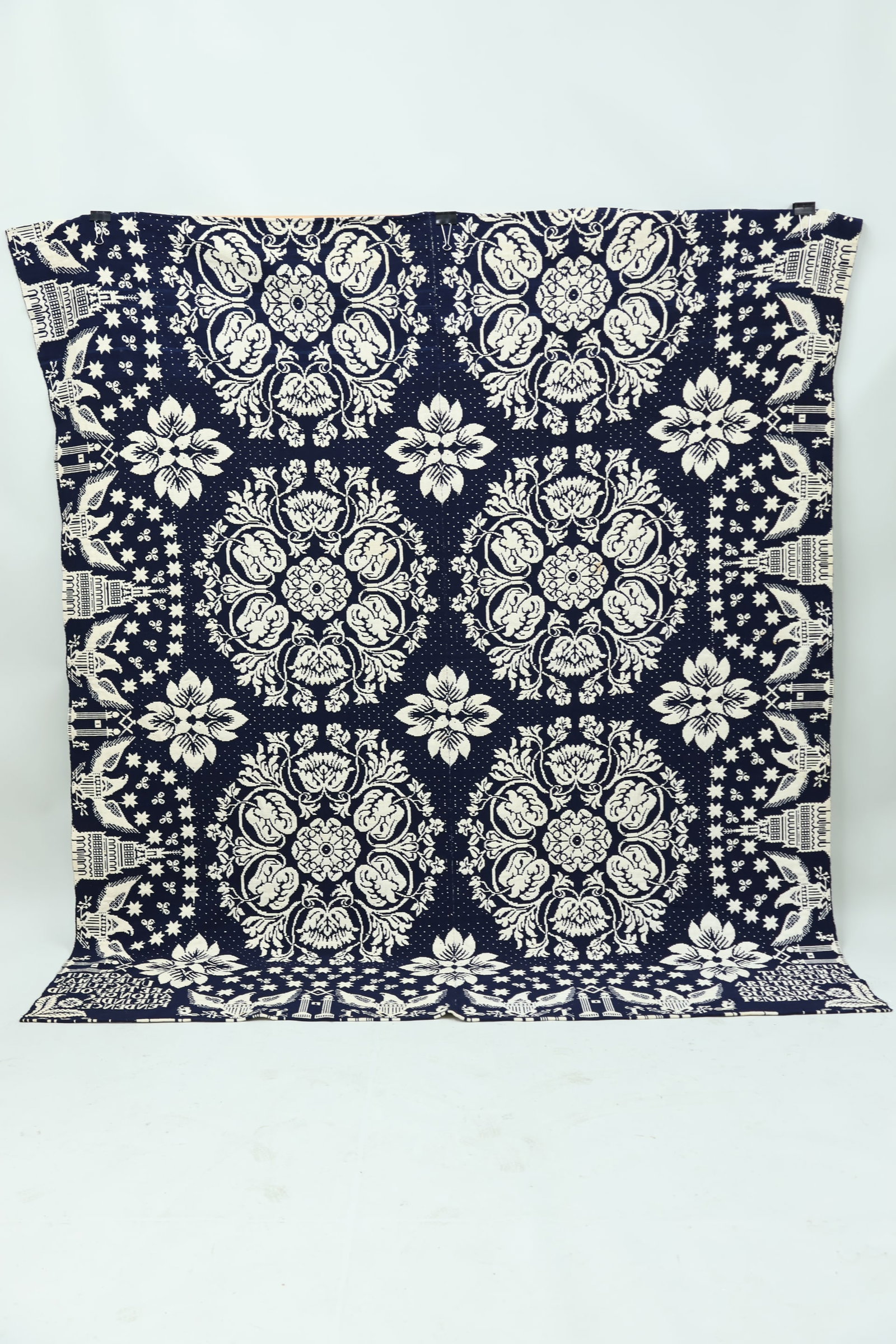 Antique New York Blue & White Jacquard Coverlet: Antique New York Blue & White Jacquard Coverlet Antique New York Blue & White Jacquard Coverlet 19th c., Hudson River Valley. Quote "Agriculture and Manufacturers are the Foundation of Our Independenc