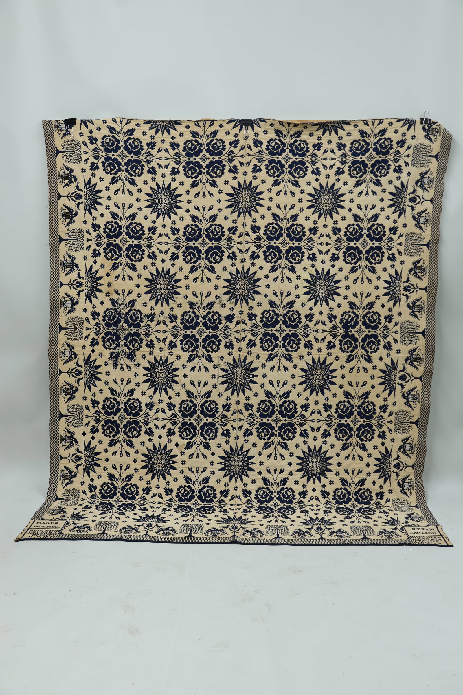 Antique Blue & White Niagara County Jacquard Coverlet 19th c.: Antique Blue & White Niagara County Jacquard Coverlet 19th c. Antique Blue & White Jacquard Coverlet 19th c. "Mary E. Holmes, New Fane Niagara County, NY 1849." Having a Federal eagle border, central 