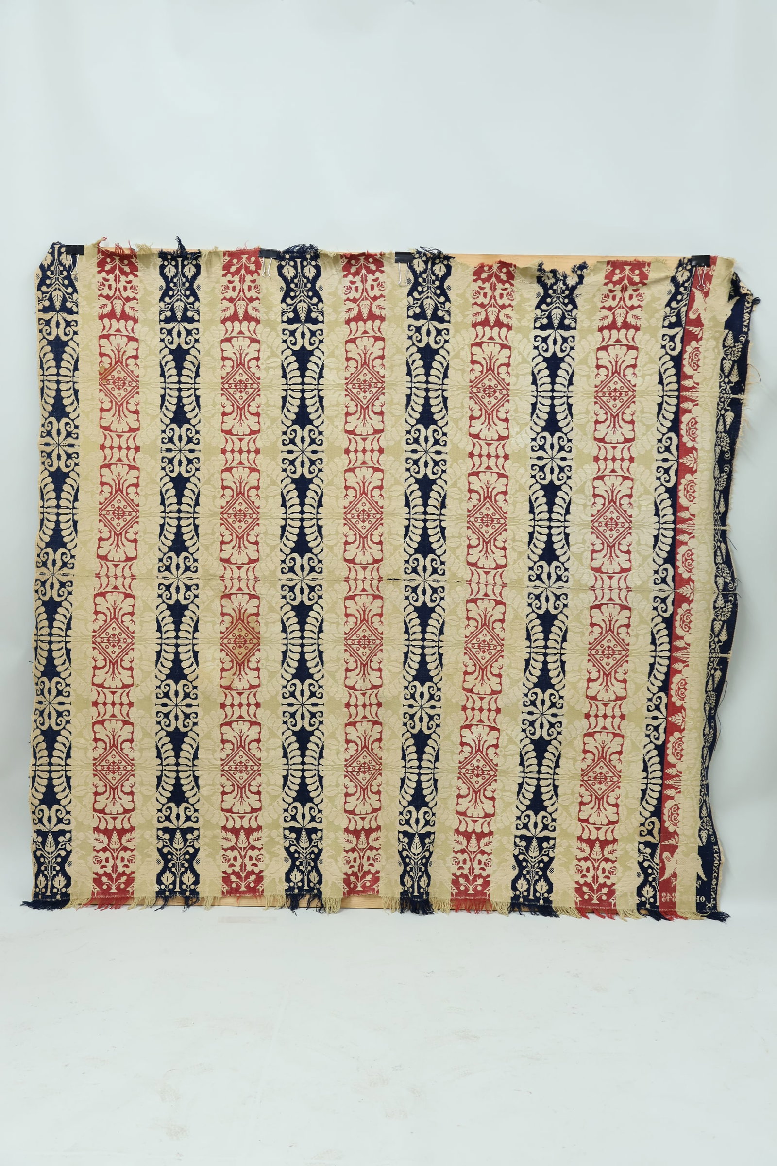 Antique Coverlet Knox County Ohio 1848: Antique Coverlet Knox County Ohio 1848 Antique Coverlet Knox County Ohio 1848, Blue, Red, White & Gold. Measures 80" x 70" together with Two Jacquard Coverlet pieces, red white and blue. Measures 35" 