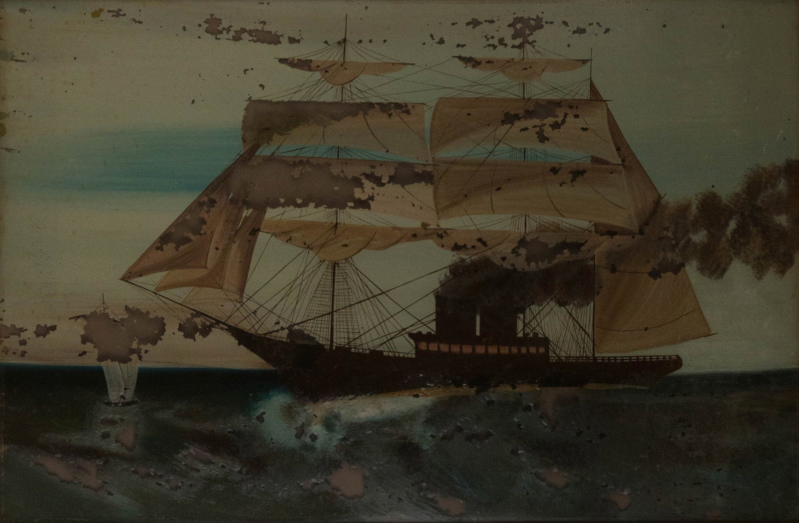 Reverse Painting on Glass of a Merchant Ship: Reverse Painting on Glass of a Merchant Ship American, 19th/20th C. Losses to paint. Sight: 23 1/4 x 35 1/4 in. (59.1 x 89.5 cm.), Frame: 28 1/4 x 40 1/4 in. (71.8 x 102.2 cm.)