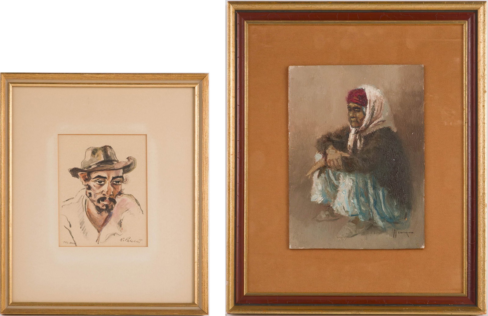 Raphael Pricert, 1905-1967, Portrait of a Man, Watercolor: Raphael Pricert 1905-1967 Portrait of a Man Watercolor Signed "R. Pricert" l.r. and "Tel Aviv" l.l. Together with an oil on board, portrait of a woman by William (Sunny) Weintraub (American,