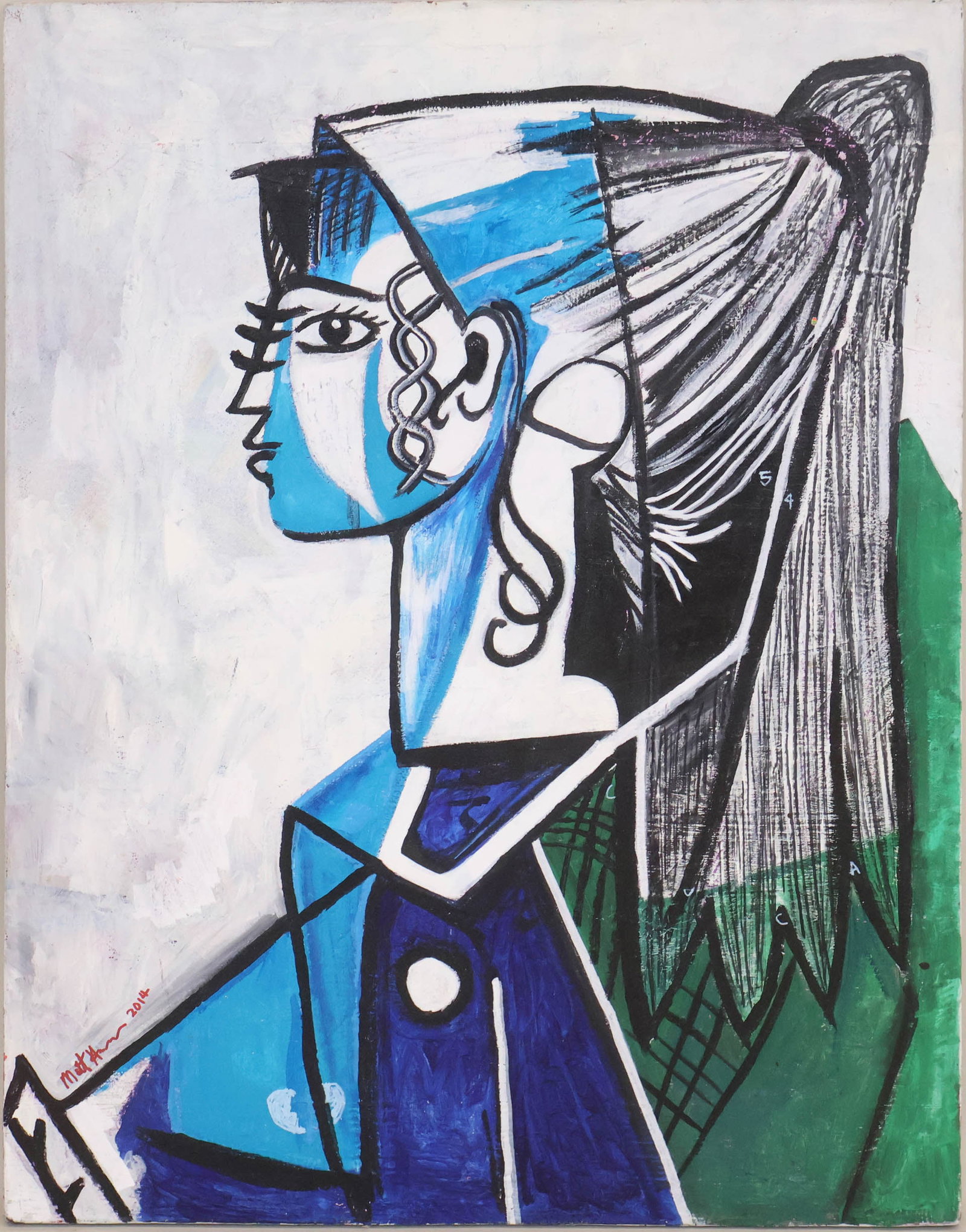 After Pablo Picasso, Spanish 1881-1973, Portrait of Sylvette David in Green Chair, Mixed Media on: After Pablo Picasso Spanish, 1881-1973 Portrait of Sylvette David in Green Chair Mixed Media on Canvas Copy of the original, signed l.l. "Matt.... 2014" 40 x 30 1/2 in. (101.6 x 77.5 cm.)