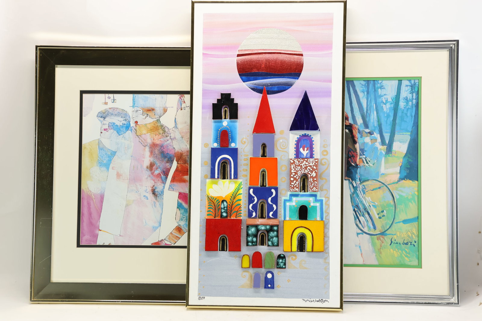 Vintage Monica Watson Collage on Canvas: Vintage Monica Watson Collage on Canvas Vintage Monica Watson Collage on Canvas with folk art style of clay mounted buildings on canvas. Together with a La Floridienne print of young girl shoreside