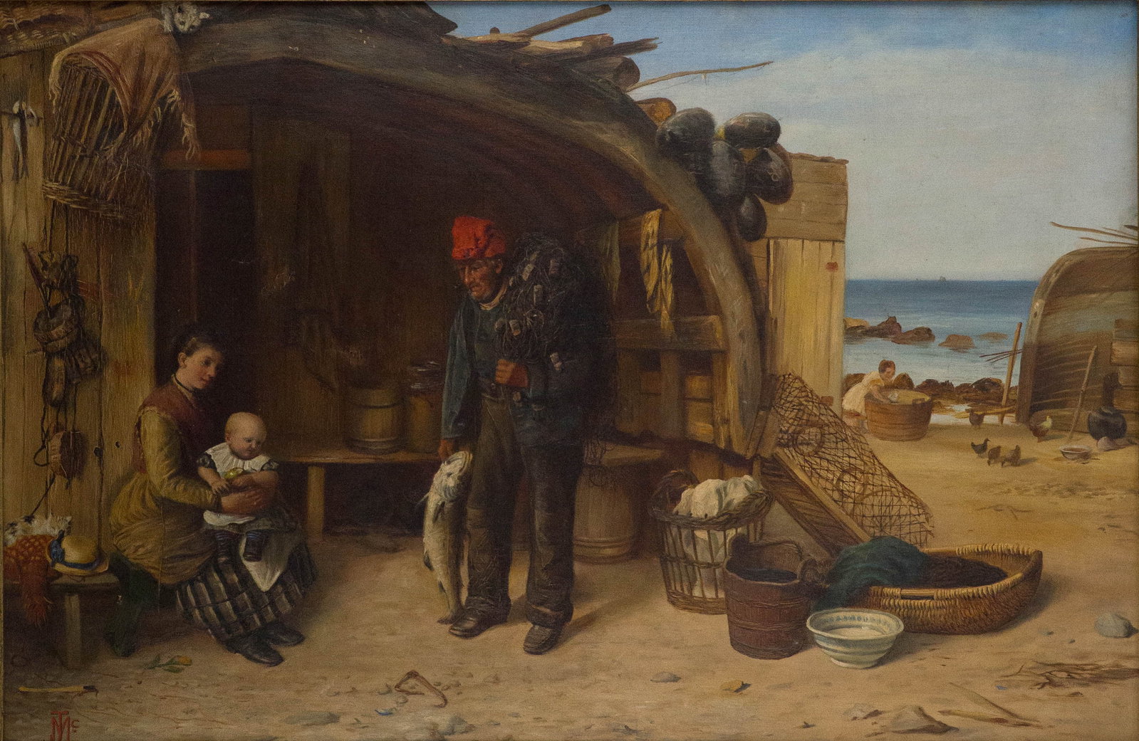 Fisherman Family Scene, Oil on Canvas: Fisherman Family Scene Oil on Canvas Initialed l.l. "J. Mc". Sight: 19 x 29 in. (48.3 x 73.7 cm.), Frame: 25 x 35 in. (63.5 x 88.9 cm.)