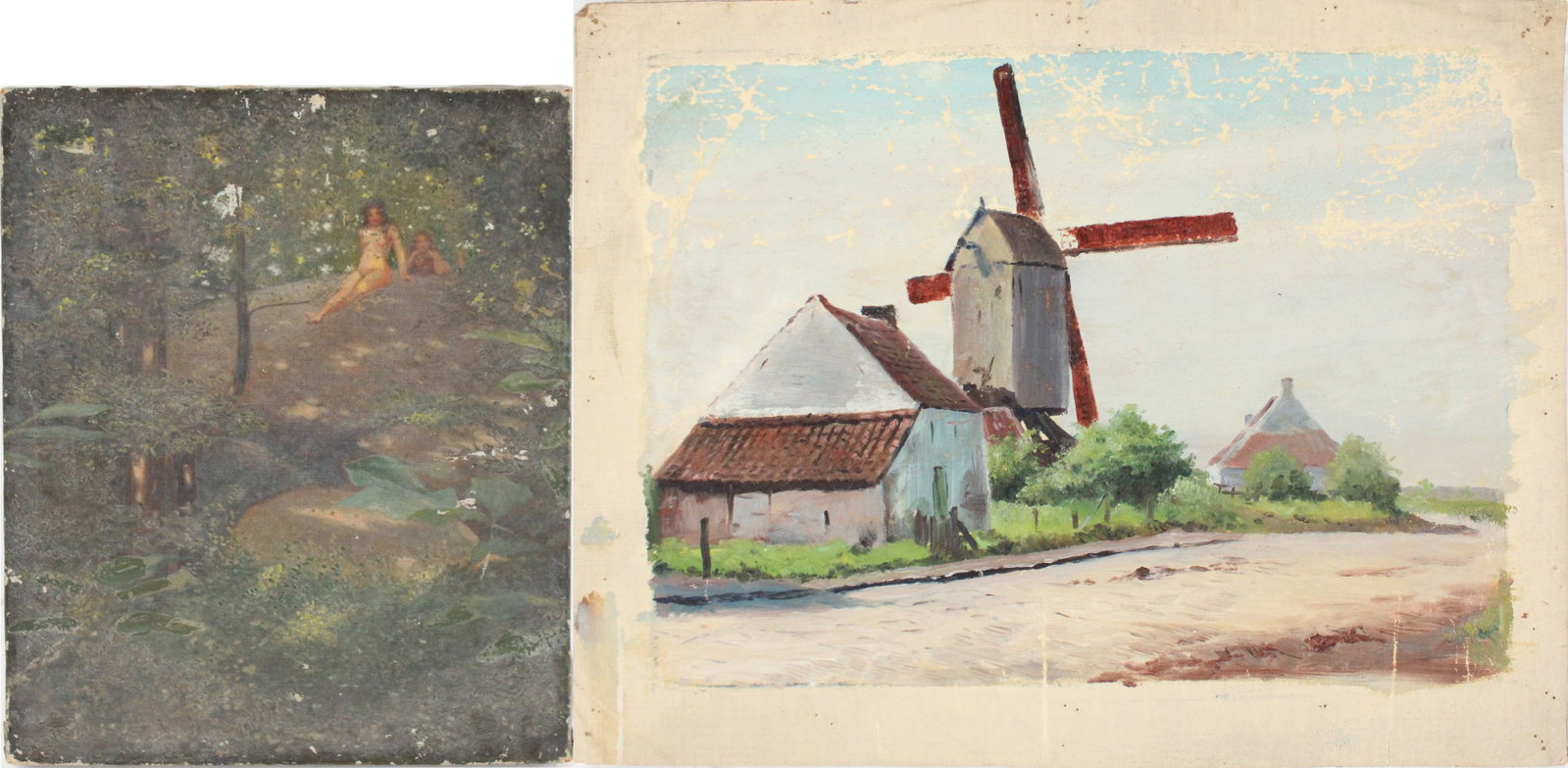 Frank von der Lancken, American 1872-1950, The Secret Garden and Village Street with Windmill, Oils: Frank von der Lancken American, 1872-1950 The Secret Garden and Village Street with Windmill Oils on Canvas Windmill signed. Losses to paint. 9 1/2 x 13 1/2 in. (24.1 x 34.3 cm.), and 12 x 10 in. (30.